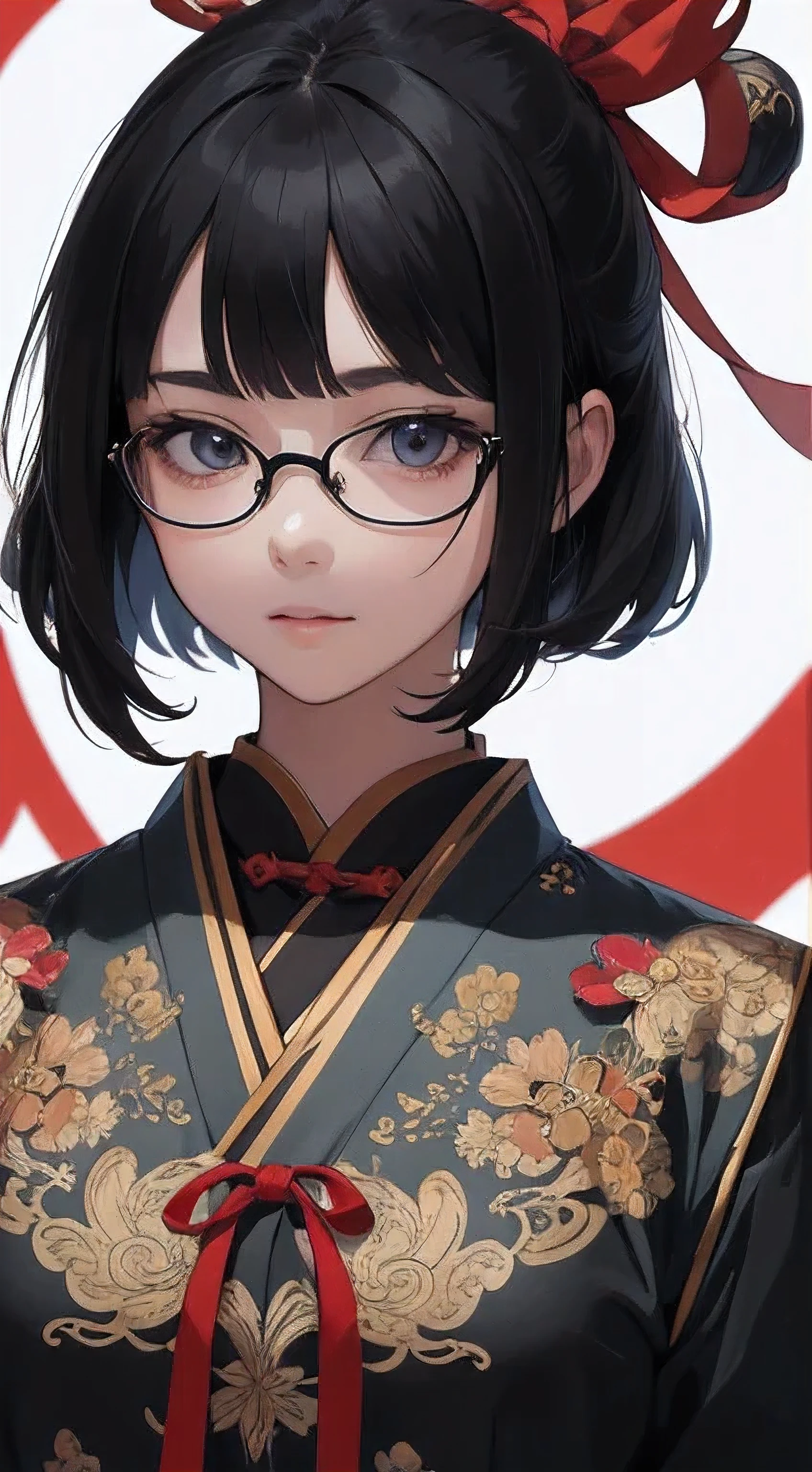 (Fantasy illustration:1.5), (alone:1.2), (japanese manga,8k,masterpiece, top quality, best quality,Beautiful and beautiful:1.2,Professional illustration:1.1,Super detailed:1.3,perfect lighting), Very detailed, most detailed, Extremely ridiculous, high resolution, Super detaileded, complicated:1.6, (girl), Very detailed beautiful face and eyes,Beautiful hair wearing glasses, bob hair, blunt bangs, (black hair:1.4), (red ribbon behind hair:1.2), ( Taoist costumes:1.2), Guess the skin, (Abstract:1.2), beautiful, Subei Subei, (short,medium chest), Sense of speed, sword