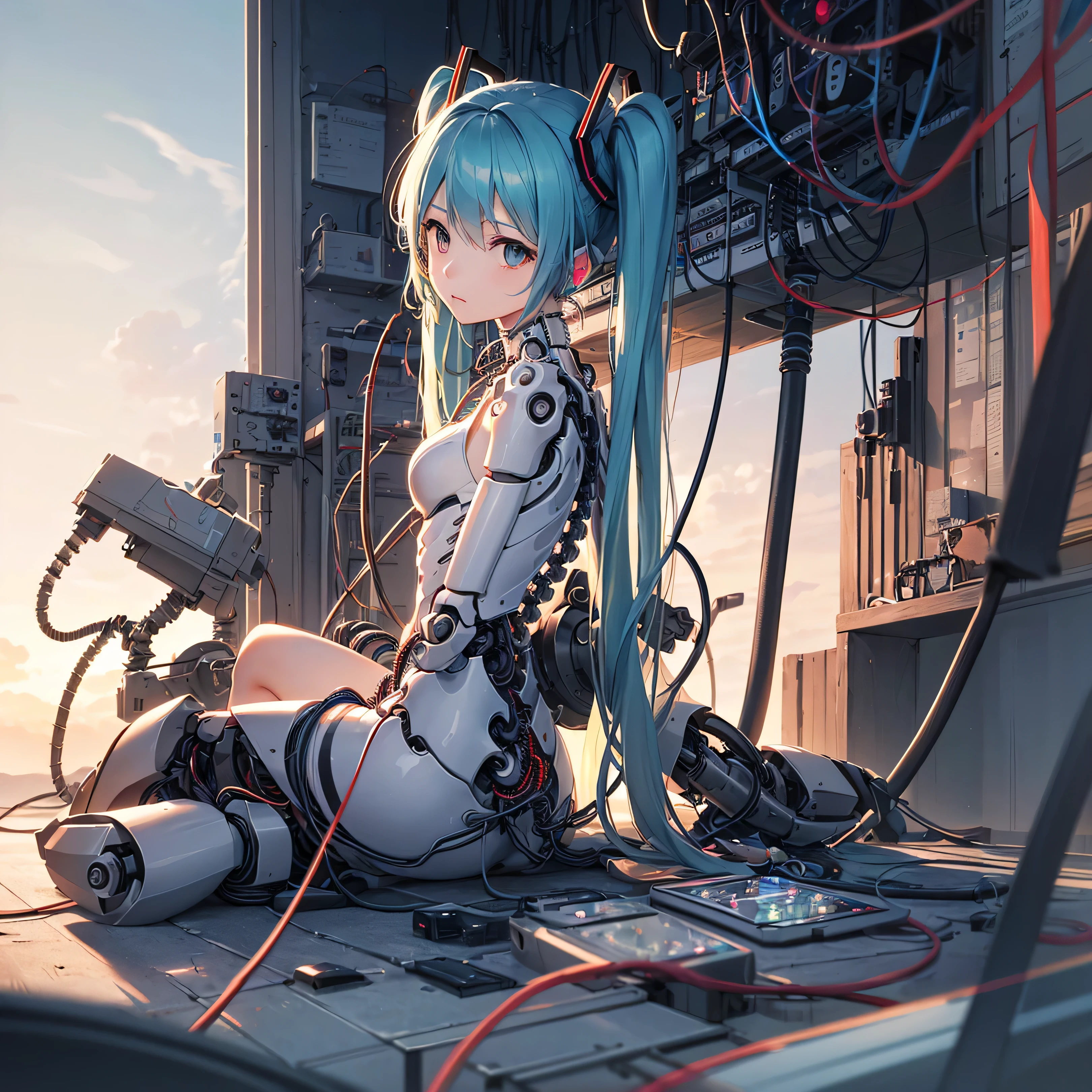 anime girl sitting on the ground with a bunch of wires, perfect android girl, anime mecha aesthetics, Anime robots and organic matter mix, mechanical aesthetics, Best Anime 4K Kona-chan Wallpaper, Digital Cyberpunk - Anime Art, digital cyberpunk anime art, fully robotized!! girl, mikudayo, android heroine, cute cyborg girl, cyber suit