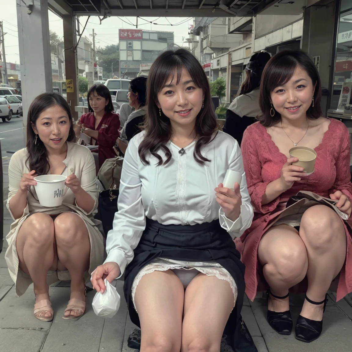 Highest image quality、highest quality、highest resolution、masterpiece、real photos、Portrait、shot at low angle、((full body shot))、35 years old、(There are 4 cute and beautiful women:1.5)、((long curly light brown hair))、((looking at the camera))、smile、Drinking sake from a white paper cup、（She&#39;s pretty drunk and lifts up her skirt:1.5)、((His face is sleepy and his cheeks are red.:1.2))、beautiful makeup、bright red lipstick、beautiful eyebrows、long eyelashes、beautiful foundation、necklace、earrings、ring、((lean body))、Fashion colors are coordinated with elegant hues、patterned blouse and miniskirt、beautiful jacket、(lace bra and panties)、garter belt and stockings、high heels、Shoulder bag and paper bag used for shopping、((On the sidewalk in front of a luxury department store in a big city during the day:1.3))、((All four of them are sitting directly with their  wide apart.:1.3))、((Scattered around them are yakitori, oden, sake bottles, empty beer cans, plastic juice bottles, convenience store bento containers, snack food bags, convenience stores, and garbage.:1.3)）