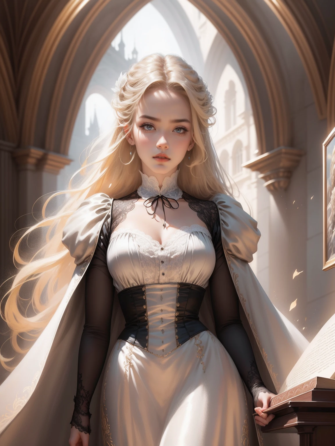 { - anatomy error}(Masterpiece - Ultra-detailed, very high resolution) Prepare to be enchanted by a true masterpiece that combines ultra-detailed art with high-resolution rendering. This work depicts a mesmerizing woman with very long blond hair (1.3) and captivating gray eyes (1.2), emanating an aura of elegance and mystery in Victorian settings. The intricate details and realistic textures invite you to explore every aspect of this enchanting composition. Woman wearing beautiful classic Victorian costume from the year 1878. Red lips. Happy face. Smiling. brown-white dress. Walking, writing, lying down, standing, on your back, dynamic poses. Get ready to dive into a world where beauty and craftsmanship merge perfectly.
