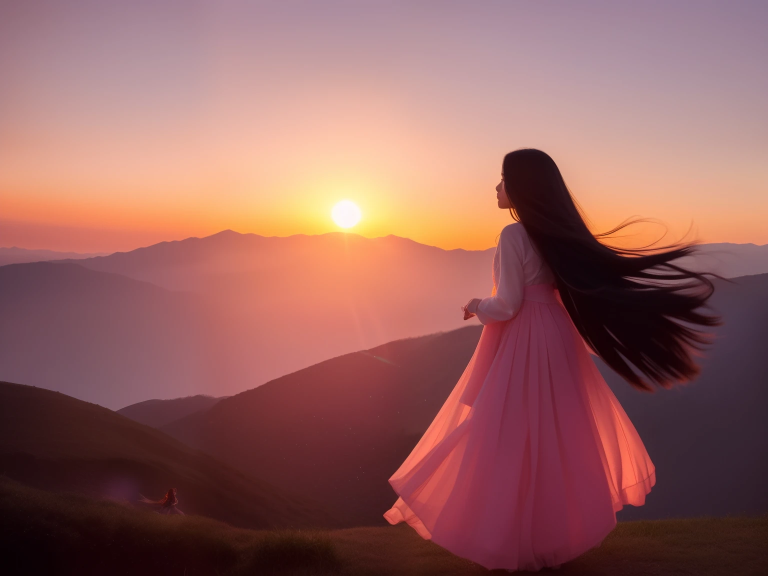 Imagine breathtaking, photo-realistic landscapes,Cute girl standing on a majestic hill, While staring at the sky,her eyes were full of surprise. The atmosphere is full of awe and tranquility. The sky is painted in shades of pink and orange, As the sun sinks below the horizon, Gives off a soft golden glow. Fluffy white clouds float gently overhead, In addition to the fantastic scenery. girl long, Flowing hair dances in the wind, Her eyes sparkled with a mixture of excitement and calm.. The air is full of adventure and endless possibilities. When creating a story around this beautiful moment in the anime landscape,Let your imagination soar.