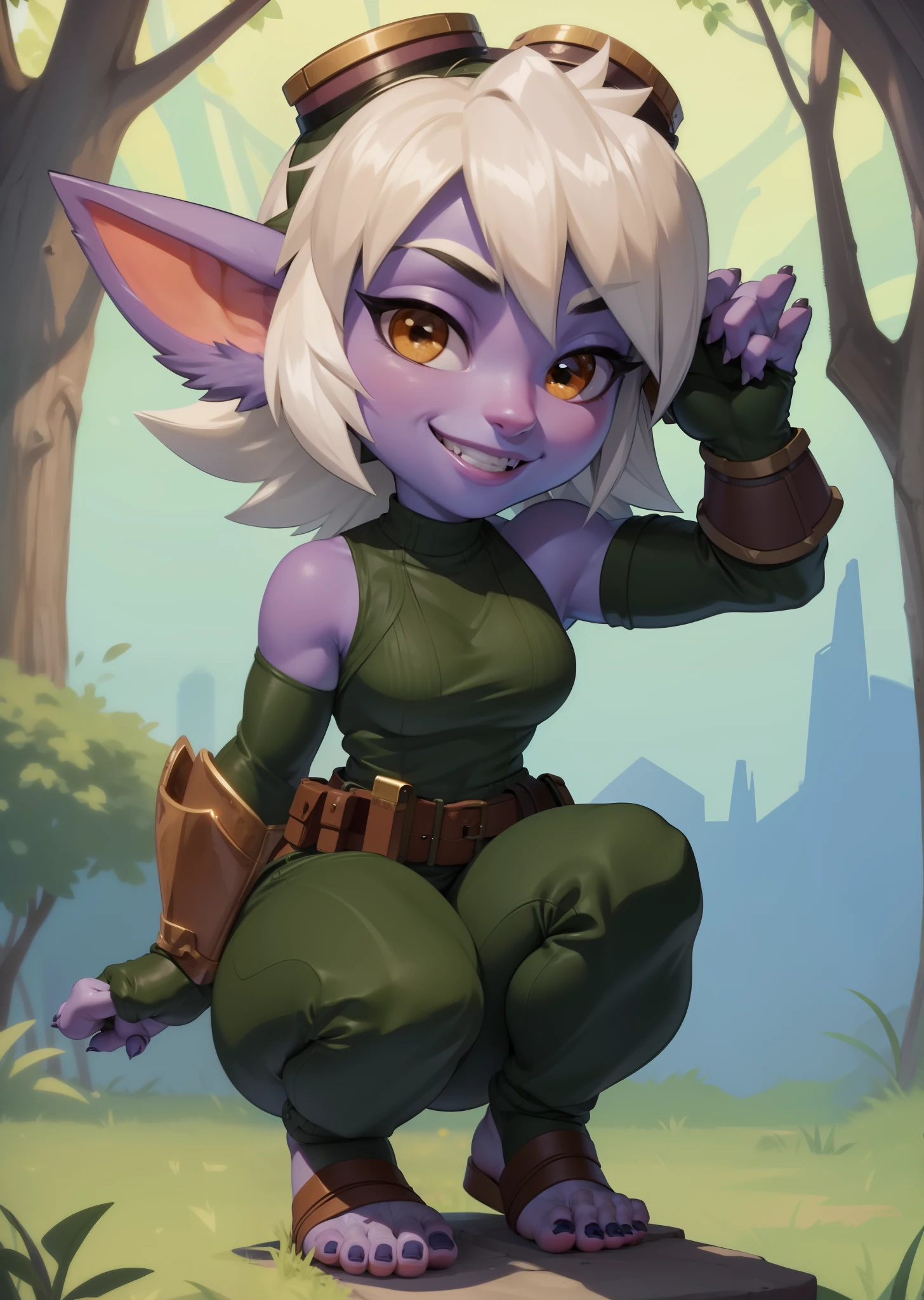 [tristana], [LOL], ((masterpiece)), ((HD)), ((high res)), ((beautiful render art)), ((solo portrait)), ((full body)), ((front view)), ((feet visible)), ((detailed shading)), {(attractive), (short), yordle, (purple skin), (elf ears), (short white hair), (cute brown eyes), (detailed iris), (short eyelashes), (curvy hips), (detailed abs), (thick thighs), (detailed legs), (beautiful legs), (beautiful feet), (humanoid feet), (cute smile), (excited expression)}, {(green sleeveless shirt), (navel), (green pants), (brown belt), (utility belt), (brown gauntlets), (fingerless gloves), (toeless socks), (goggles on head)}, {(squatting), (hand in hair), (looking at viewer)}, [background; (forest), (blue sky), (sun rays), (ambient lighting)]