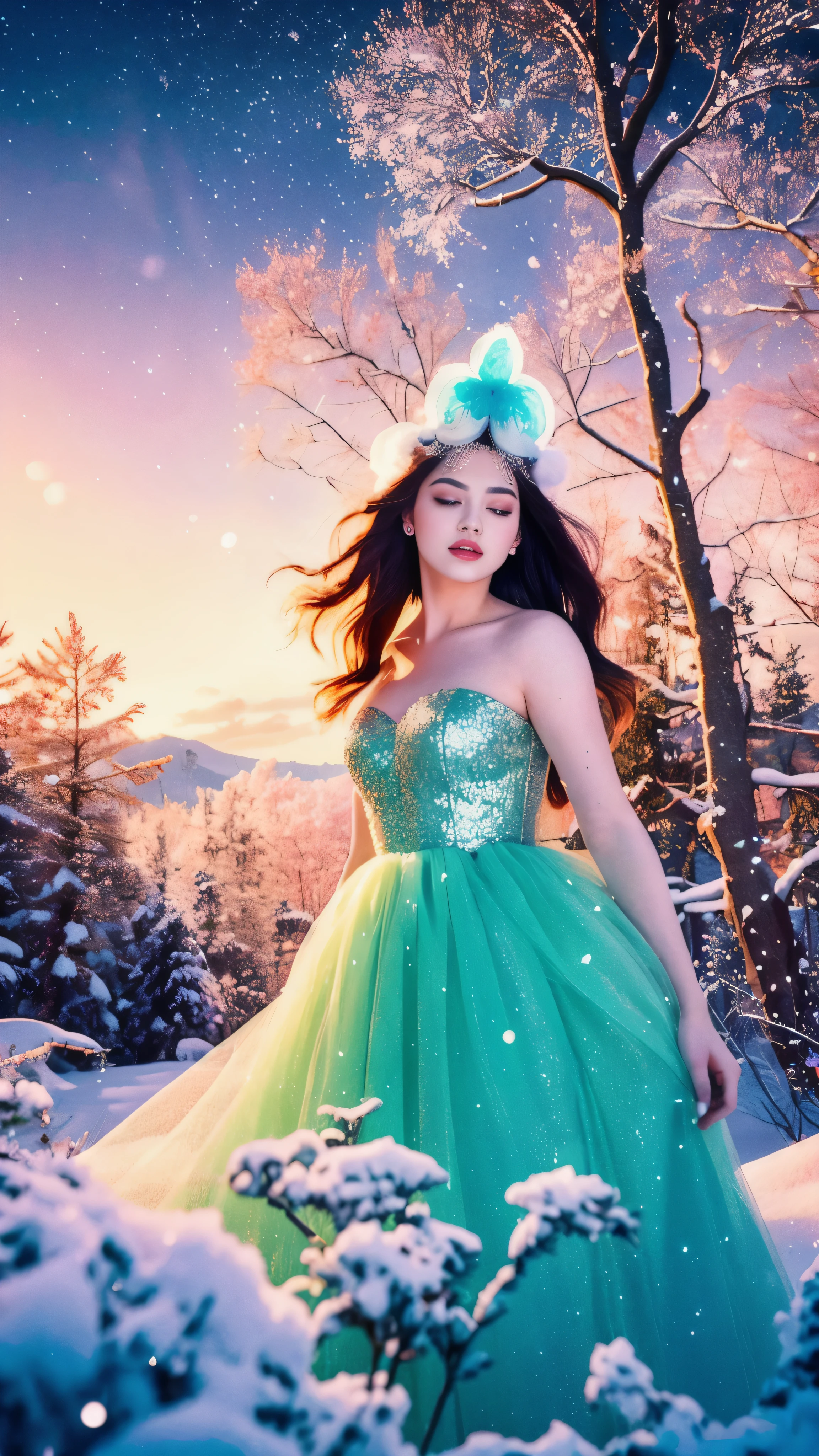 High quality images，In a vibrant and enchanting world filled with fluorescent colors (1.4), there stands a graceful girl with translucent skin (1.4). Her appearance is further accentuated by the application of retro filters (1.4), giving an otherworldly feel to her ethereal and soft features. Surrounding her is a candy-colored landscape reminiscent of Disneyland, complete with a fluffy and whimsical forest, a pastel pink sky, and a dusting of snow. The scenery is adorned with magical elements such as gemstones, diamonds, and sparkling stars that fill the background with immense detail and hyper-realistic ultracinem