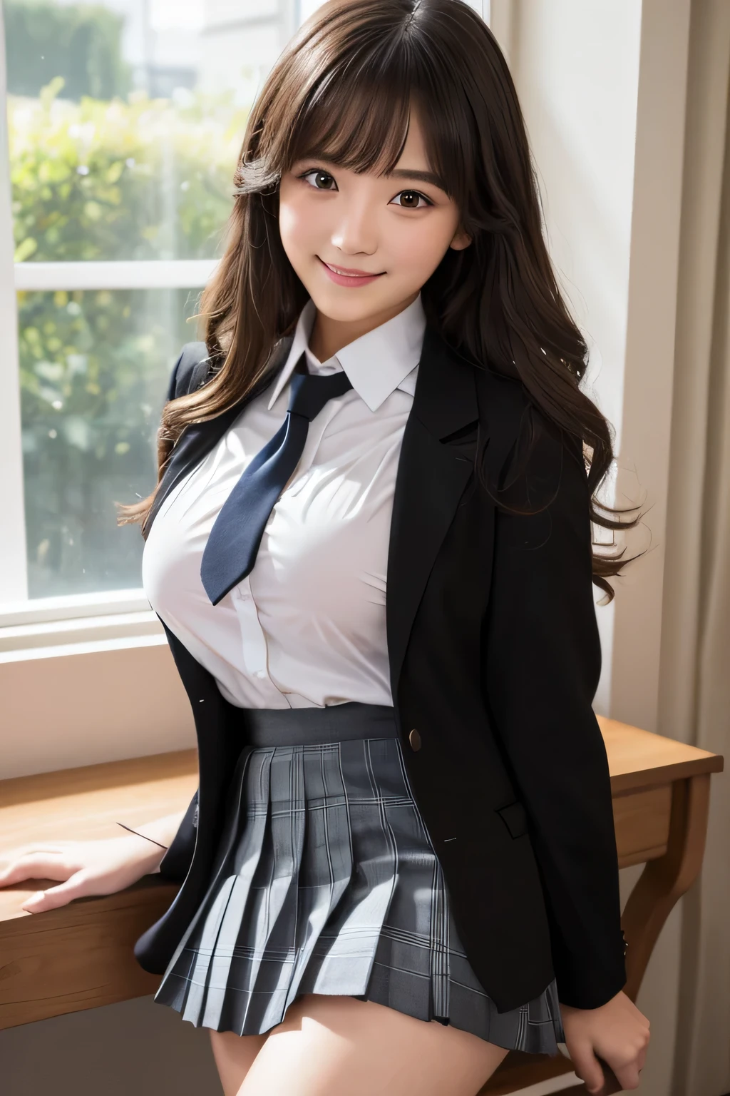 8k, highest quality, real image, intricate details, Super detailed, ultra high resolution, depth field,(realistic,realistic:1.2), 1 Japanese girl, very beautiful 17 year old girl, Big eyes, beautiful breasts:1.5、highly detailed eyes:1.2), (beautiful breasts:1.1), (small breasts:1.5), wavy hair、curly hair、bangs, perfect skin, Fair skin, huge hips, thick thighs, thick legs, tight waist, light blush, alone, looking at the viewer, (smile:1.4), ((School_uniform),(black blazer:1.1), (white shirt、wear a tie), (black pleated skirt:1.1), (sculpture installation :1.1)