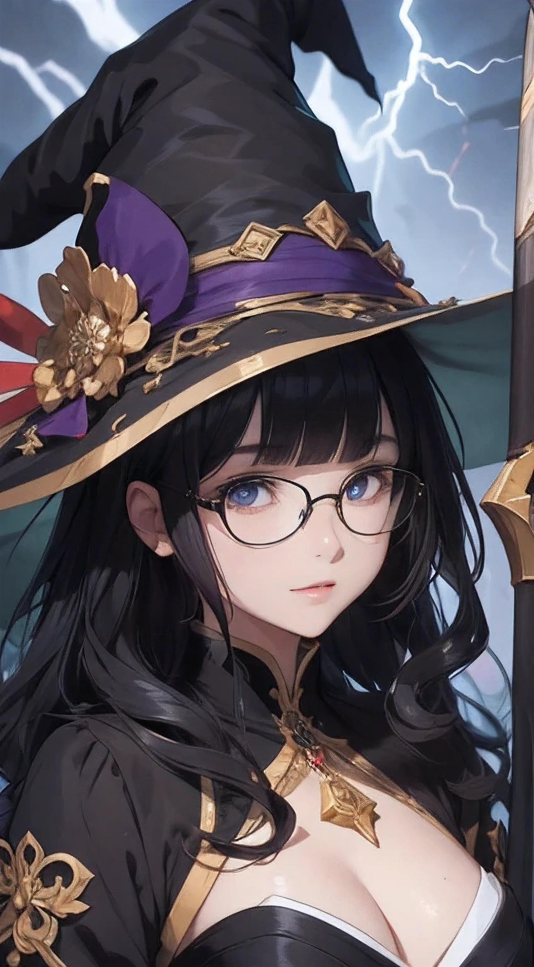 (Fantasy illustration:1.5), (alone:1.2), (japanese manga,8k,masterpiece, top quality, best quality,Beautiful and beautiful:1.2,Professional illustration:1.1,Super detailed:1.3,perfect lighting), Very detailed, most detailed, Extremely ridiculous, high resolution, Super detaileded, complicated:1.6, (girl), Very detailed beautiful face and eyes,Beautiful hair wearing glasses, bob hair, blunt bangs, (black hair:1.4), ( witch costume:1.2), staff,thunder and lightning,Guess the skin, (Abstract:1.2), beautiful, split,medium chest,