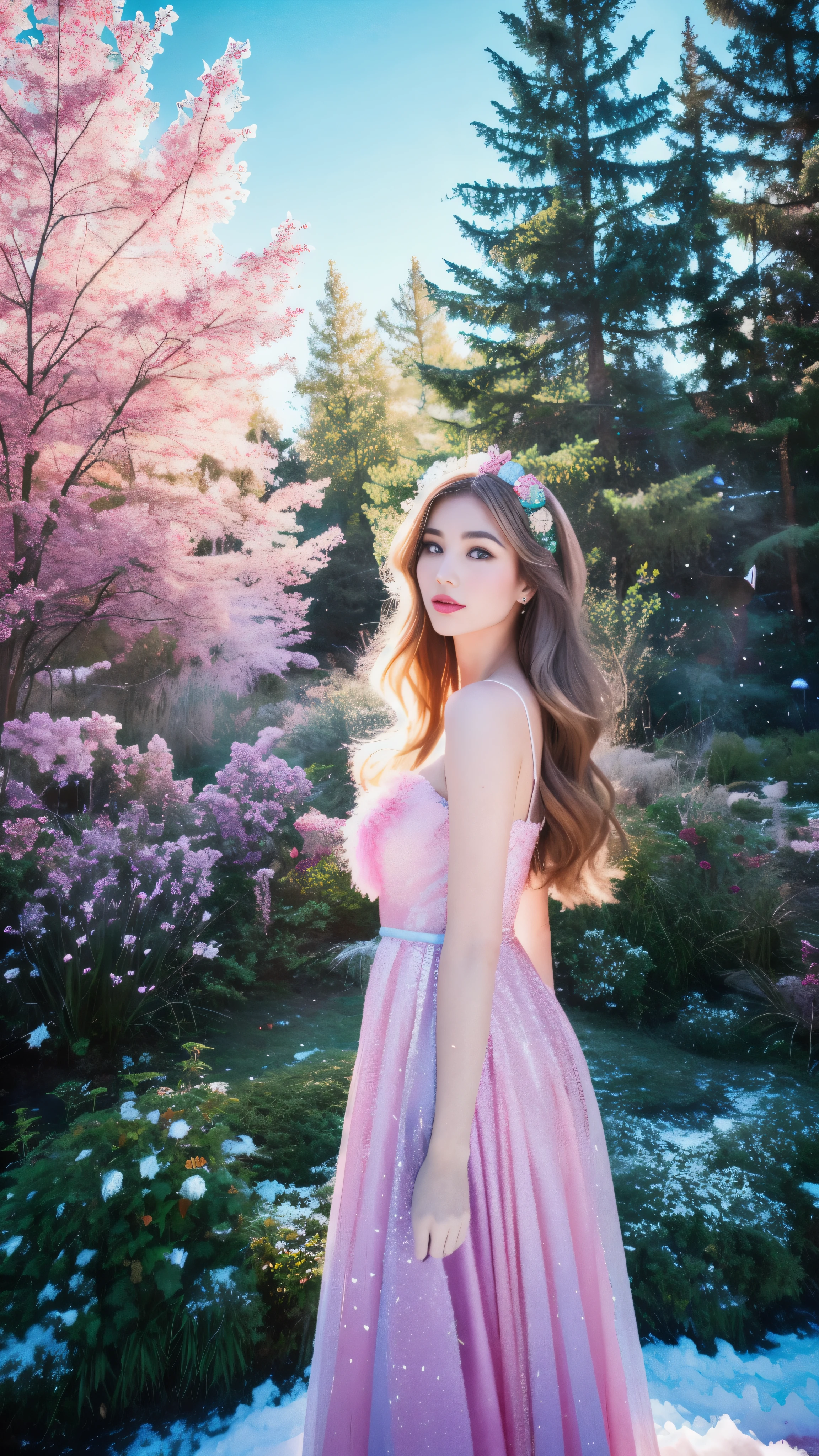 High quality images,In a vibrant and enchanting world filled with fluorescent colors (1.4), there stands a graceful girl with translucent skin (1.4). Her appearance is further accentuated by the application of retro filters (1.4), giving an otherworldly feel to her ethereal and soft features. Surrounding her is a candy-colored landscape reminiscent of Disneyland, complete with a fluffy and whimsical forest, a pastel pink sky, and a dusting of snow. The scenery is adorned with magical elements such as gemstones, diamonds, and sparkling stars that fill the background with immense detail and hyper-realistic ultracinem