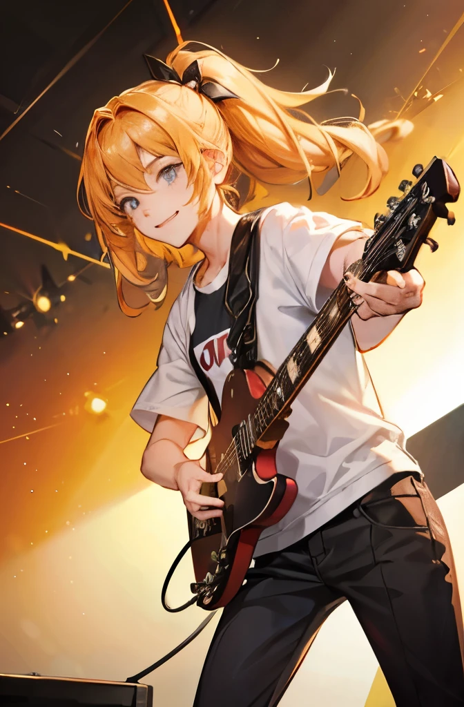 （exquisite illustrations：1.4），（master piece：1.0）， （best quality：1.4）， （ultra high resolution：1.2）， （Realistic：1.4），（18-year-old：1.3）, ロックバンドperformance, guitar, male, 18-year-old, Dynamic and energetic live performance, performance, bright, smile, Spotlight