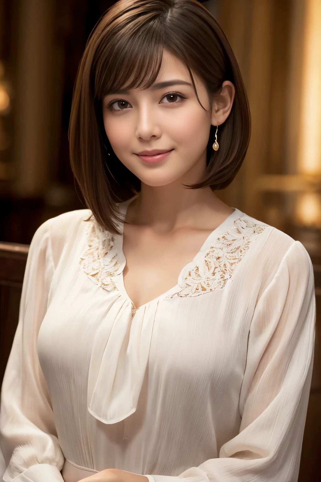 (Raw photo), (Photoreal), (masterpiece), (highest quality), High resolution, 8K resolution, (intricate details), (light with volume), Portrait, woman, 40 years, short hair, straight hair, layered hair, brown haired, highly detailed eyes, highly detailed eyebrows, highly detailed skin, highly detailed mouth, highly detailed nose, cute like an idol, Smile, ((thick lips)), ((look at the audience)), (classy blouse)、big breasts
