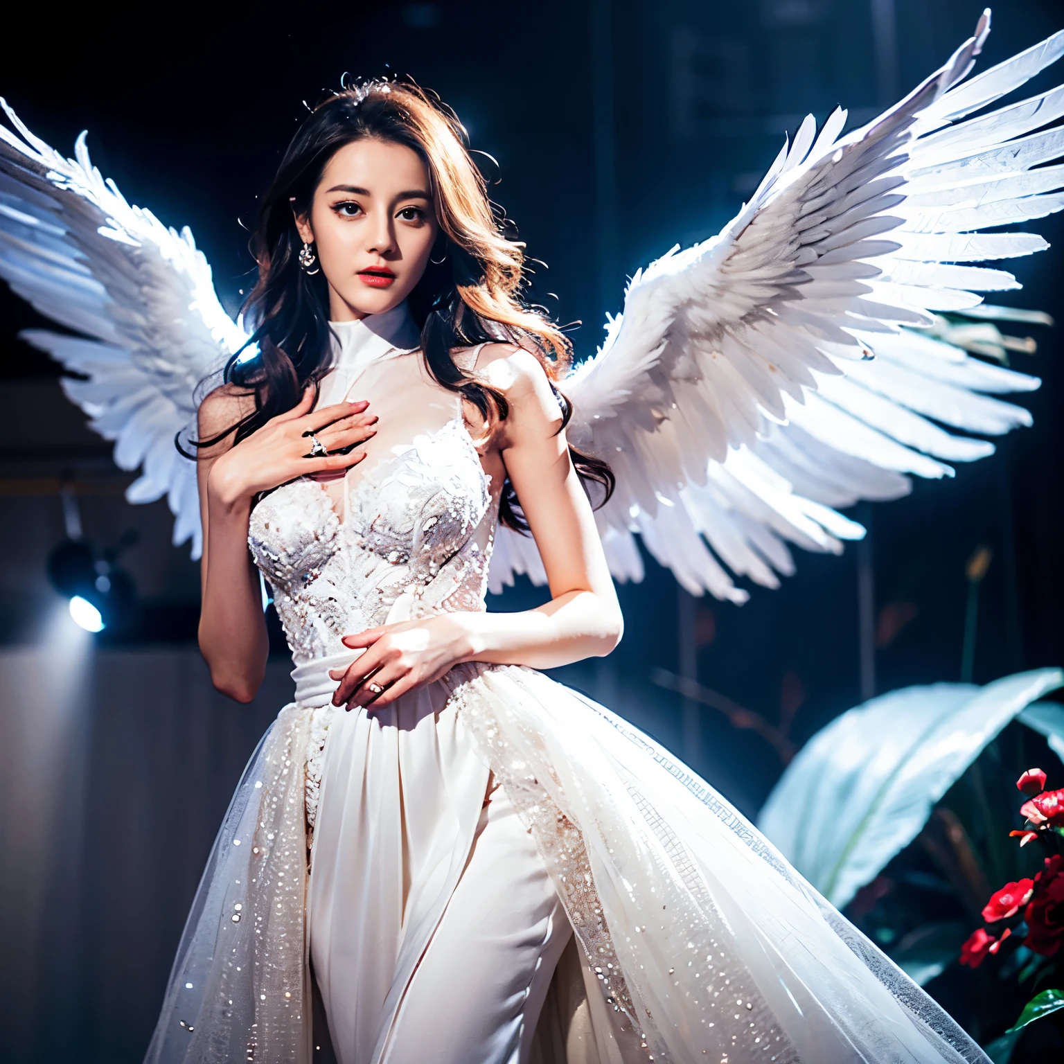((top quality、8k、Masterpiece:1.3))、Extremely delicate and beautiful girl,Very white skin,fiery red lips,Waist is very thin,Thighs are very thin,White wedding dress,White and smooth skin,Smooth and fair skin,flawless skin,Fair and shiny skin,cold white skin,The camera focuses on the chest,bright light,hair is white,A pair of huge white wings on the back,angel wings,hazy light rays,hazy light rays,blurred white background,Long white dress,White hair,white hair,sad,shed tears