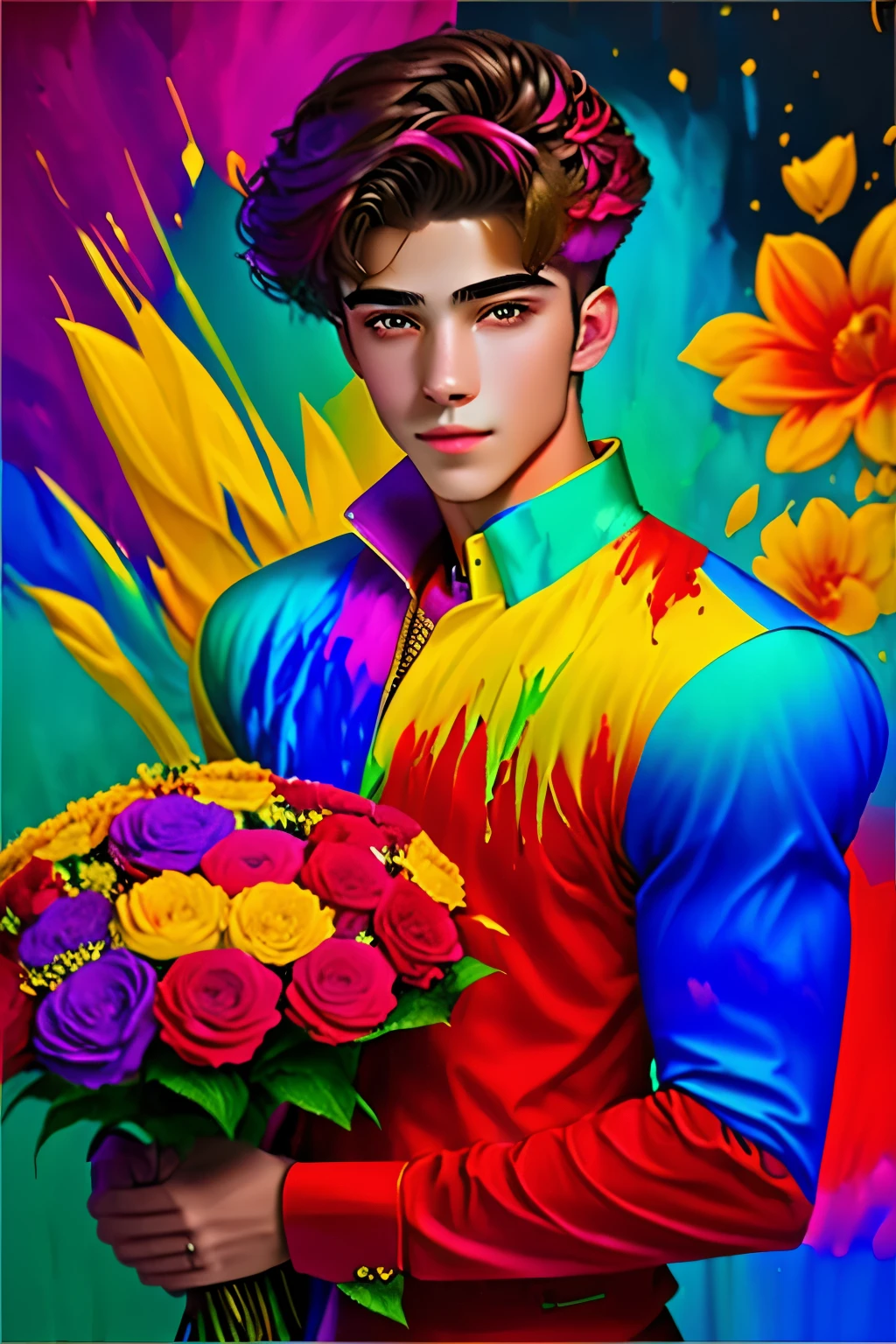 
Handsome 19-year-old guy with a bouquet of flowers in his hands.! The magic of creating masterpieces of portrait art ! All paint colors, poured onto canvas, magically move and mix., turning into a stunningly beautiful portrait ! thick . bright and contrasting colors are simply amazing . our imagination is the creation of a masterpiece in the style of Alberto Seveso !!