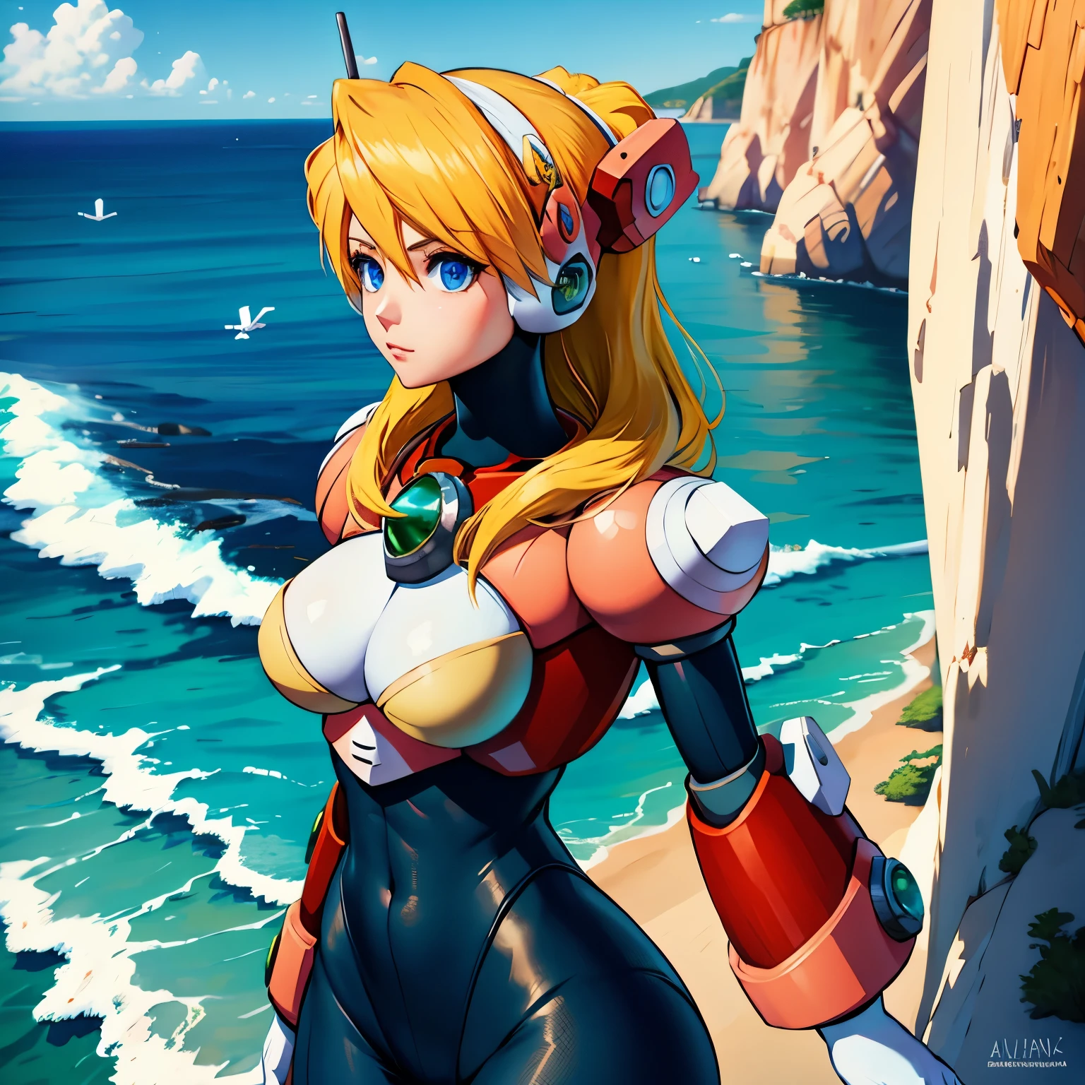 alia_megamanx, 1girl, solo, breasts, blue eyes, blonde hair, android, long hair, robot ears, overlooking the ocean on the edge of a rock, in the style of avian-themed, realistic yet stylized, villagecore, azure, orange and azure, dragoncore, aerial view
