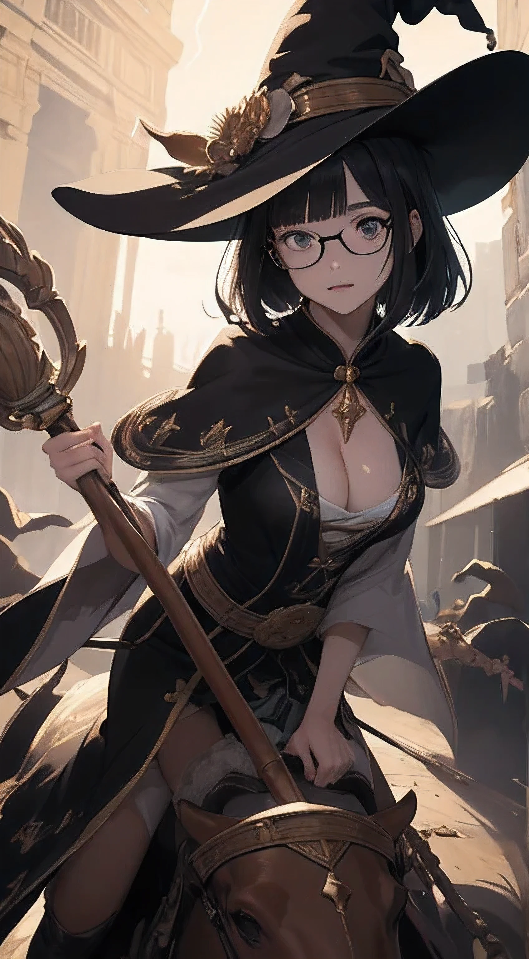 (Fantasy illustration:1.5), (alone:1.2), (japanese manga,8k,masterpiece, top quality, best quality,Beautiful and beautiful:1.2,Professional illustration:1.1,Super detailed:1.3,perfect lighting), Very detailed, most detailed, Extremely ridiculous, high resolution, Super detaileded, complicated:1.6, (girl), Very detailed beautiful face and eyes,Beautiful hair wearing glasses, bob hair, blunt bangs, (black hair:1.4), ( witch costume:1.2), riding staff,thunder and lightning,Guess the skin, (Abstract:1.2), beautiful, split,medium chest,