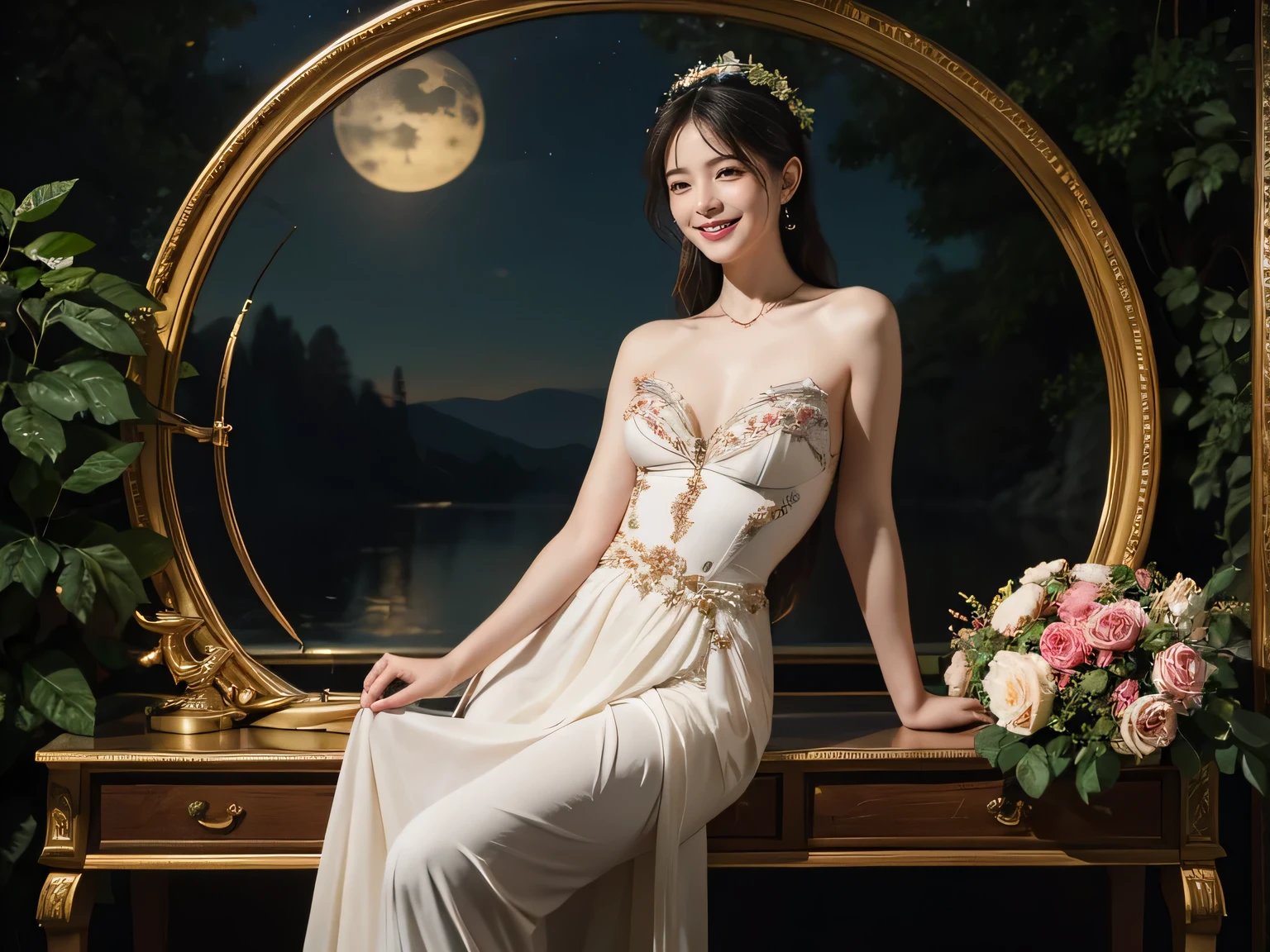 full body portrait or statue、geometry、Stained glass、12 constellations、Vigée Leblanc style、math、Astronomical machinery、astronaut、roses in vase、fruits、Cute trinkets、smile、ancient greek costume、Sandro Botticelli paintings、Clothes that stretch your shoulders、A big smile、expression of ecstasy、sexy、beautiful bare skin、A detailed representation of the seducing woman throughout her body.