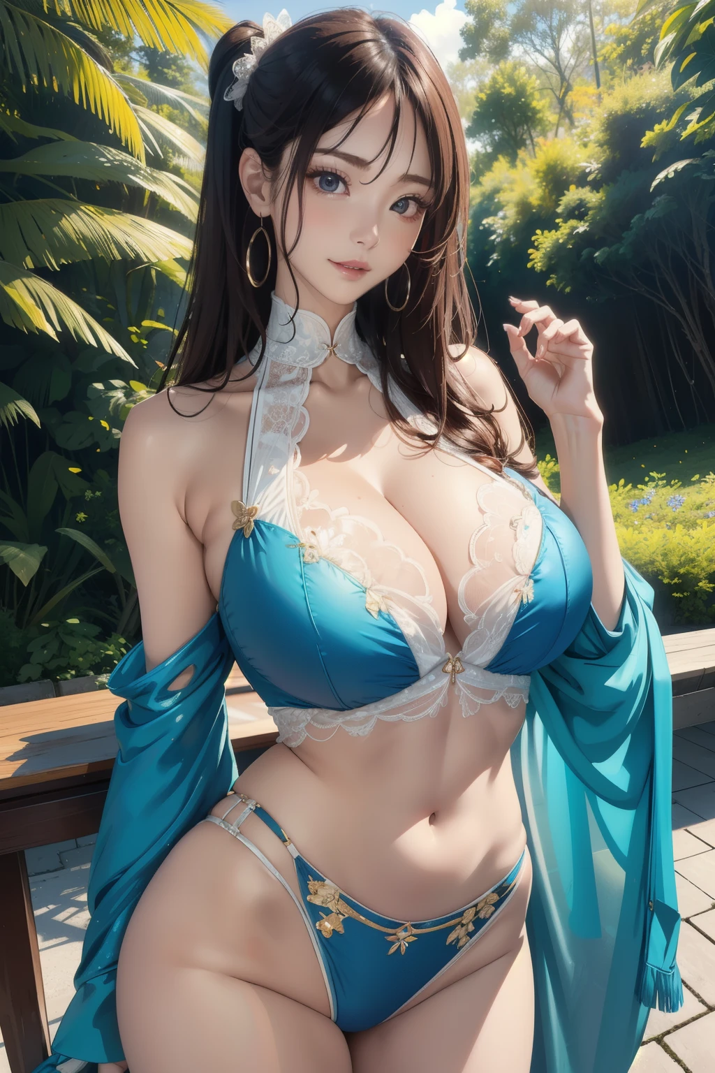 (masterpiece:1.2, highest quality), realistic, (real picture, intricate details, colorful high neck clothes), parted lips, very detailed, perfect face, perfect body, large model,Background in the forest、transparent nippleature woman、tall、long legs、Separate the upper and lower costumes、brightly colored drawings、Clothes with a wide open chest、revealing costumes、Clothes that expose the belly button、Only the upper body is dressed up、random hairstyle、big breasts、transparent lace costume、embellished costume、Clothes that expose the belly button、