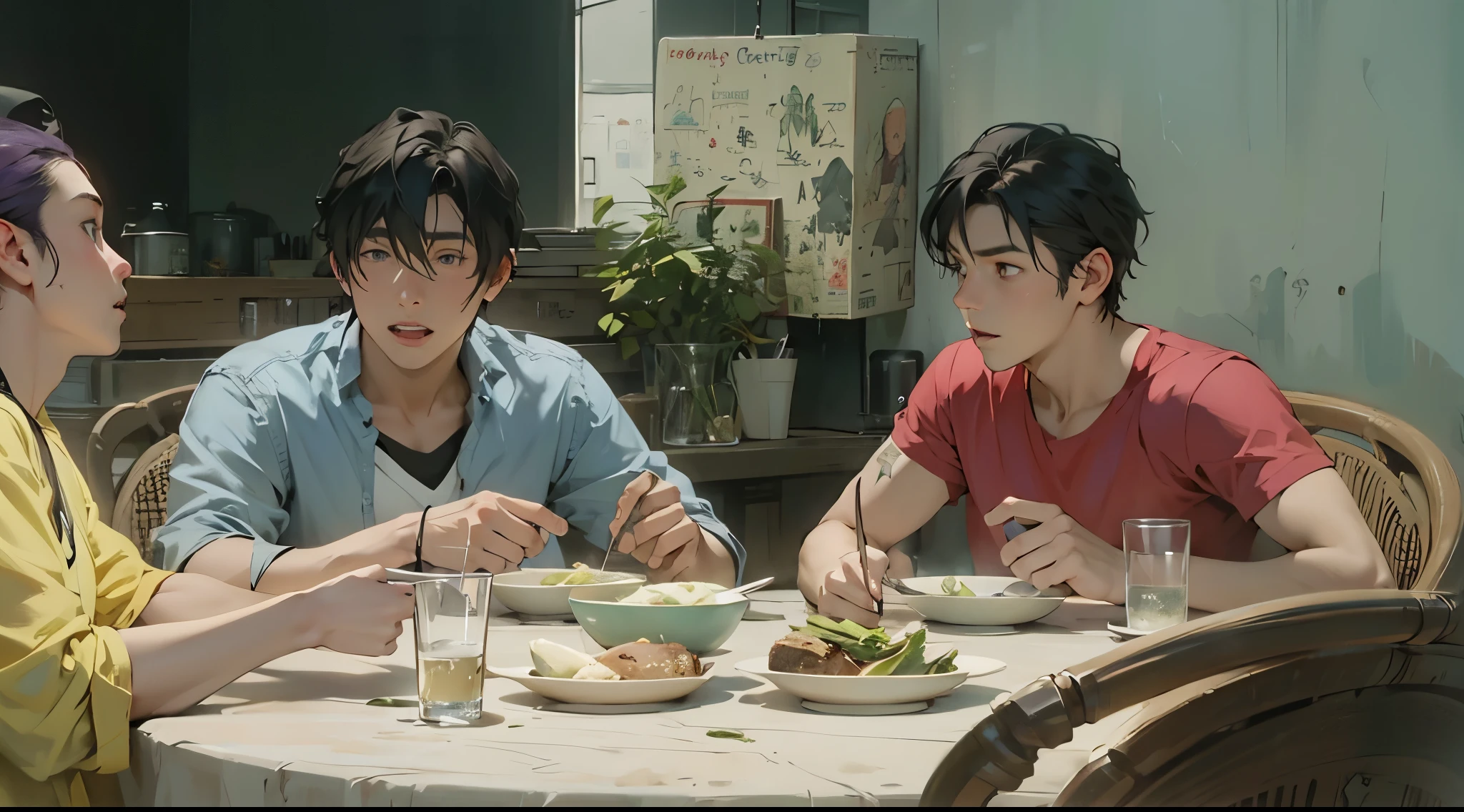 dos chicos cenando cabello morado