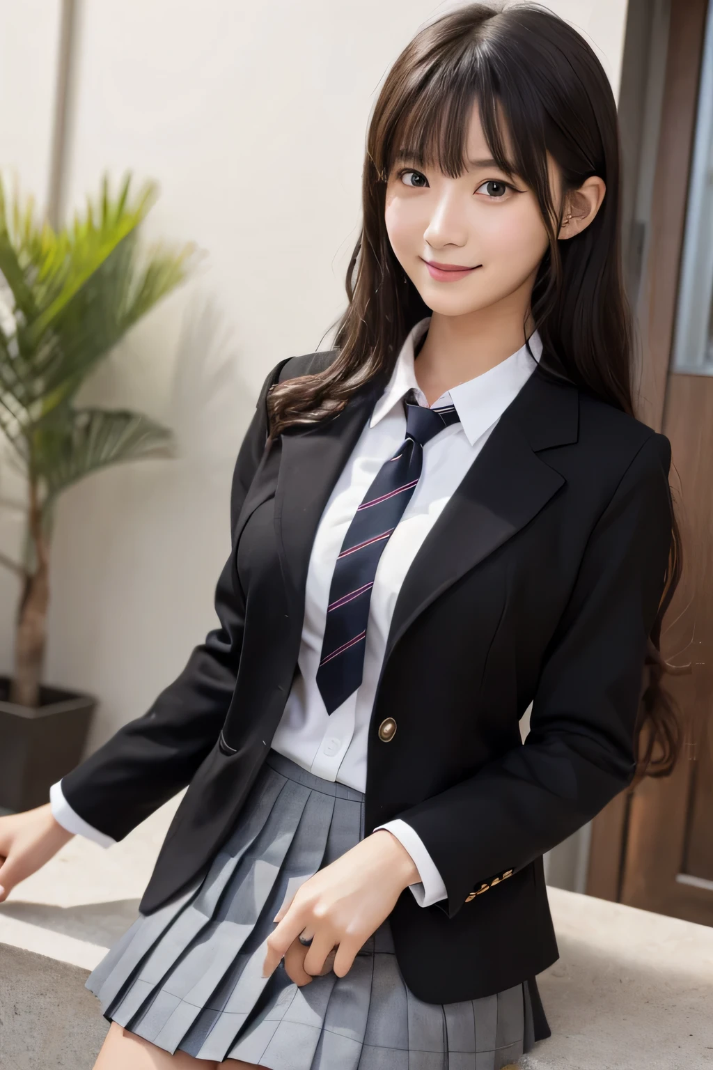 8k, highest quality, real image, intricate details, Super detailed, ultra high resolution, depth field,(realistic,realistic:1.2), (open mouth), 1 Japanese girl, very beautiful 17 year old girl, Big eyes, beautiful breasts:1.5、highly detailed eyes:1.2), (beautiful breasts:1.1), (small breasts:1.5), wavy hair、curly hair、bangs, perfect skin, Fair skin, huge hips, thick thighs, thick legs, tight waist, light blush, alone, looking at the viewer, (smile:1.4), ((School_uniform),(black blazer:1.1), (buttoned up), (white shirt、wear a tie), (black pleated skirt:1.1), (sculpture installation :1.1)
