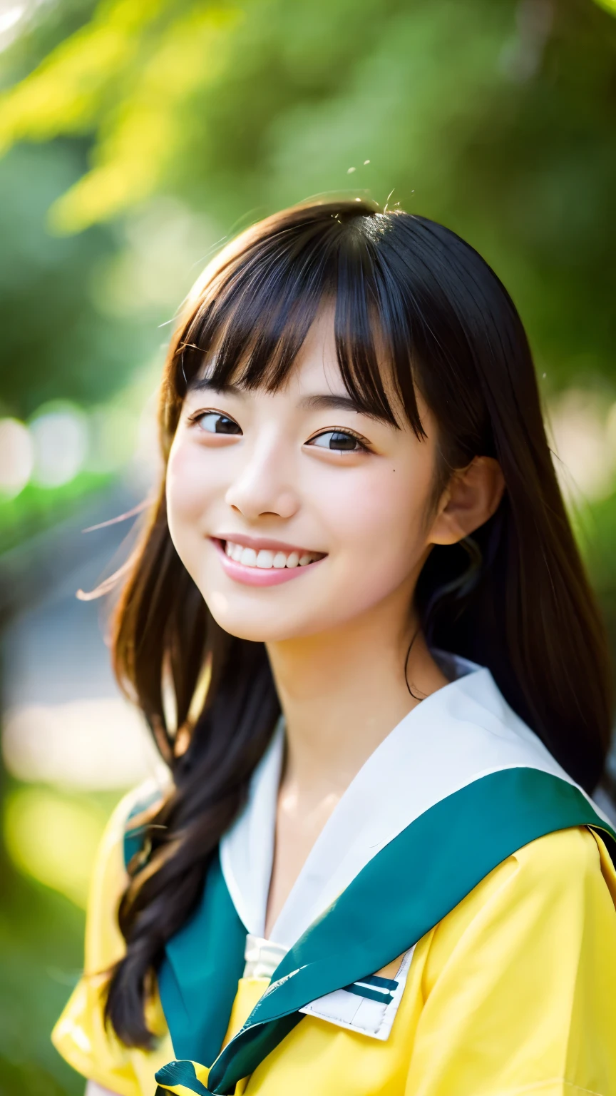 (((beautiful japanese high school girl))) 、1 person、(((In the green trees of summer)))、Posing、(((revealing yellow sailor suit)))、(((Glamour)))、((smile))、photorealistic、distinct、beautiful detailed eyes、hyper realism、high contrast、Ultra HD、realistic skin texture、Highest image quality、highest quality、ultra high resolution、Finely detailed、very carefully
