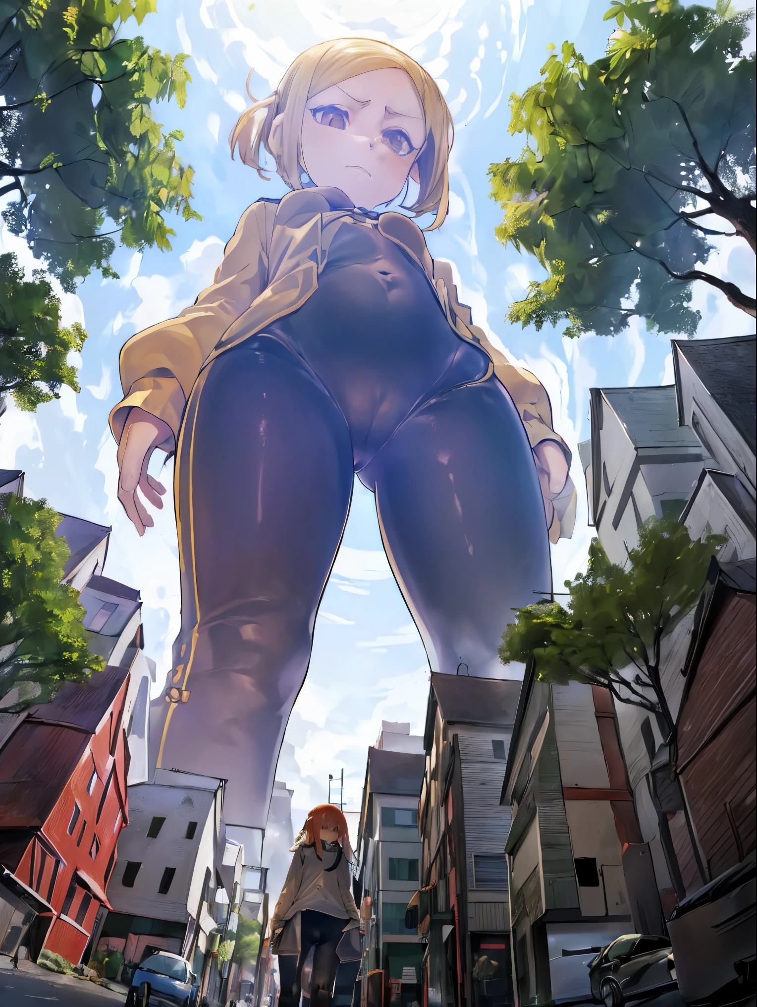 1 girl，Face turned red，comfortable expressions，squat，((((female giant)))，Giantess, The girl is 50 feet tall，((tight clothes)), ((cameltoe)), 1 anime girl，modern miniature town，The town was trampled by her, crouching, squatting over modern miniature town，boots，over tiny miniature town，A girl taller than trees