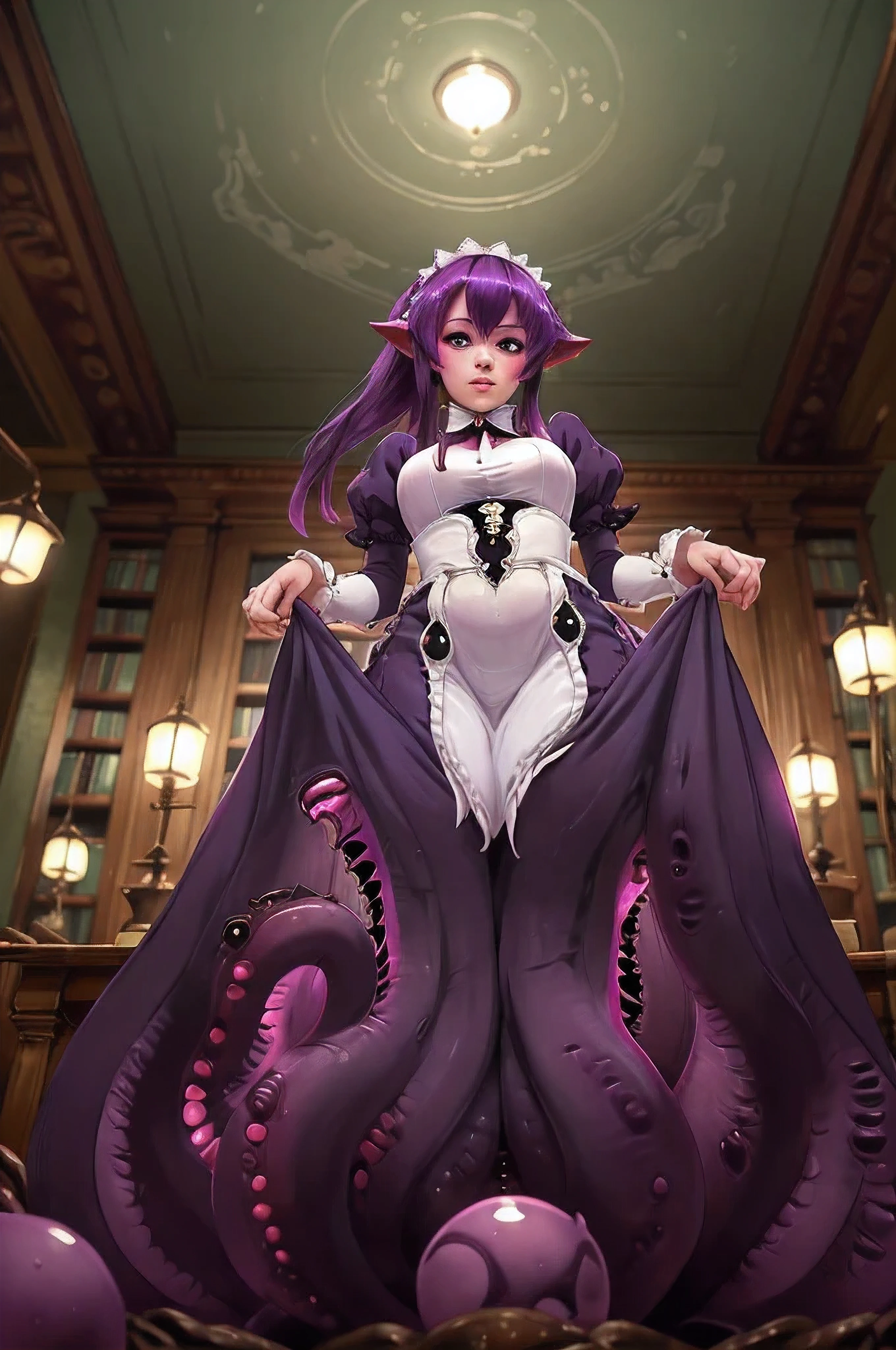 zrpgstyle, sh0ggoth, purple hair, maid, hands behind back, elaborate, ornate, standing in an antique school library, (masterpiece:1.3) (best quality) (detailed) (8k) (HDR) (cinematic lighting) (sharp focus) (intricate) (foreshortening, blurred foreground:1.3)