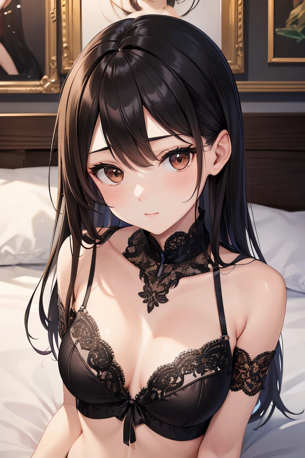 ((highest quality)),(ultra high resolution),(Super detailed),(detailed description),((best CG)),(best work of art),super precision art,great drawing art,(Art with precise details:1.5), Portrait:1.6,bust shot:1.4,(1 woman:1.5),beautiful and well-shaped face:1.5、best quality, Japanese、girl,Slender、small face、brown eyes、tall、 highres,black hair、long hair、Hotel、black lace bra、black panties、、lying in bed、Mature