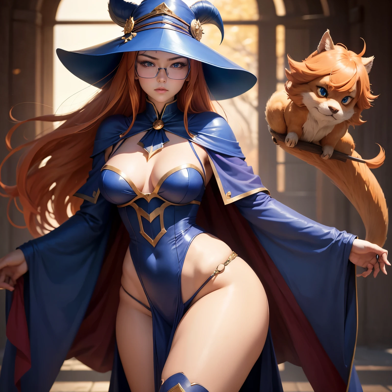 8k, masterpiece, best quality, realistic, higly detailed, cowboy shot, 1girl, solo, Itsuki Nakano, serious looking girl, medium-length hair, expressive ahoge, reddish-orange hair colour, a pair of star-shaped hairpins near both of her eyes, dark blue eyes, average height, well-endowed figure, wears glasses, cute, Dark Magician