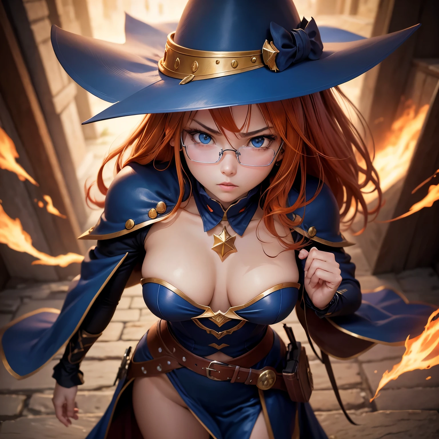 8k, masterpiece, best quality, realistic, higly detailed, cowboy shot, 1girl, solo, Itsuki Nakano, serious looking girl, medium-length hair, expressive ahoge, reddish-orange hair colour, a pair of star-shaped hairpins near both of her eyes, dark blue eyes, average height, well-endowed figure, wears glasses, cute, Dark Magician