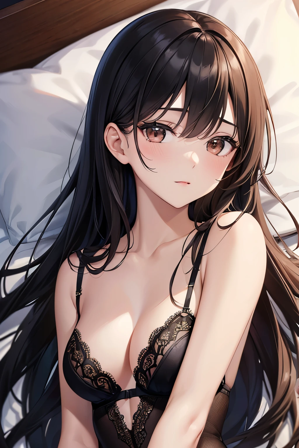 ((highest quality)),(ultra high resolution),(Super detailed),(detailed description),((best CG)),(best work of art),super precision art,great drawing art,(Art with precise details:1.5), Portrait:1.6,bust shot:1.4,(1 woman:1.5),beautiful and well-shaped face:1.5、best quality, Japanese、girl,Slender、small face、brown eyes、tall、 highres,black hair、long hair、Hotel、black lace bra、black panties、、lying in bed、Mature