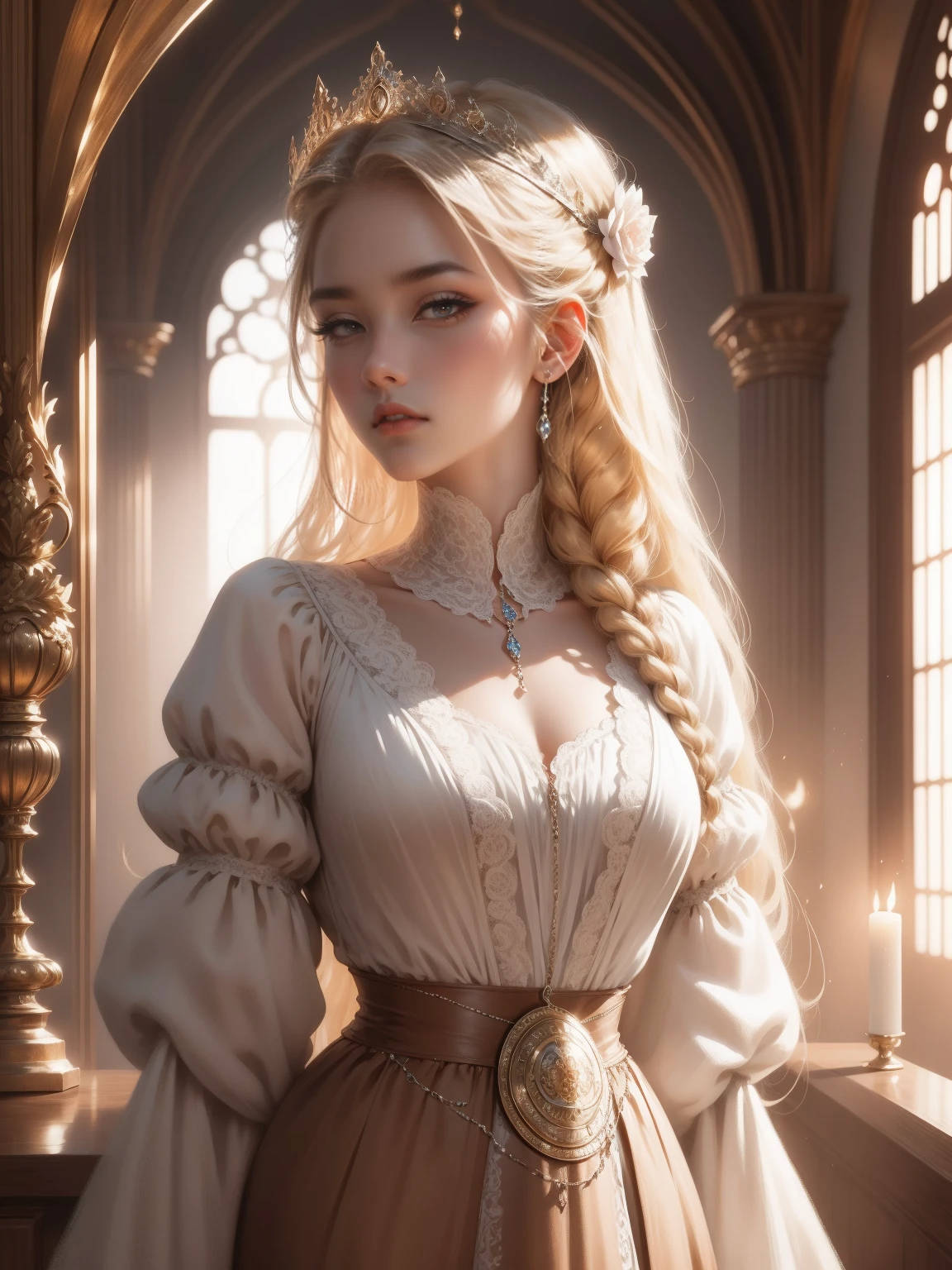 { - anatomy error}(Masterpiece - Ultra-detailed, very high resolution) Prepare to be enchanted by a true masterpiece that combines ultra-detailed art with high-resolution rendering. This work depicts a mesmerizing woman with very long blond hair (1.3) and captivating gray eyes (1.2), emanating an aura of elegance and mystery in Victorian settings. The intricate details and realistic textures invite you to explore every aspect of this enchanting composition. Woman wearing beautiful classic Victorian costume from the year 1878. Red lips. Happy face. Smiling. brown-white dress. backwards, looking back, dynamic poses. Get ready to dive into a world where beauty and craftsmanship merge perfectly.