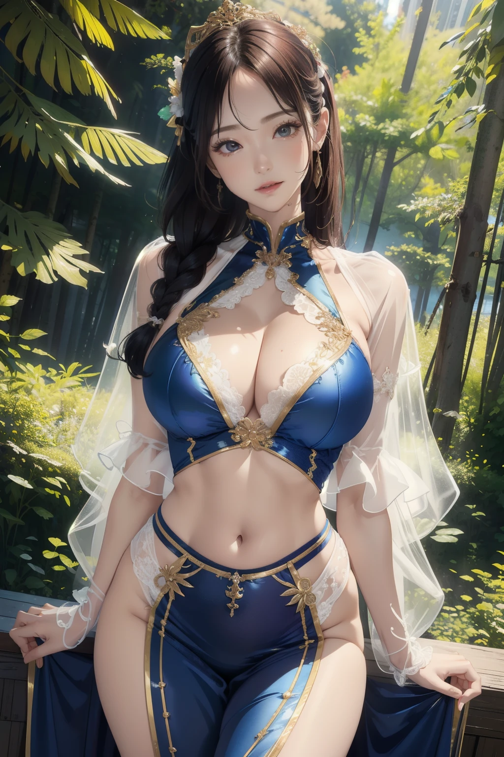 (masterpiece:1.2, highest quality), realistic, (real picture, intricate details, Random colorful high neck clothes), parted lips, very detailed, perfect face, perfect body, large model,Background in the forest、transparent nippleature woman、tall、long legs、Separate the upper and lower costumes、brightly colored drawings、Clothes with a wide open chest、revealing costumes、Clothes that expose the belly button、Only the upper body is dressed up、random hairstyle、big breasts、transparent lace costume、embellished costume、Clothes that expose the belly button、