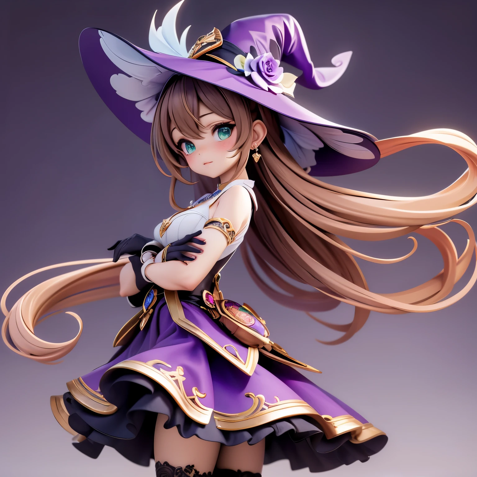 a beautiful girl, perfect face, Put your arms by your sides, masterpiece, ultra high resolution, high quality, 4k, Upper body:1.5,  Lisa (Genshin Impact), urple witch hat, green eyes, brown hair, (Pure love face_v1:0.008), (European:1.6), Bangs, skirt, Rose, jewelry, witch, Capulet, Purple tiara, black gloves, purple flower, hair between eyes, purple Rose, open lips, purple Capulet, hat flower, multicolored skirt, hair accessories,  windmill, from the side,