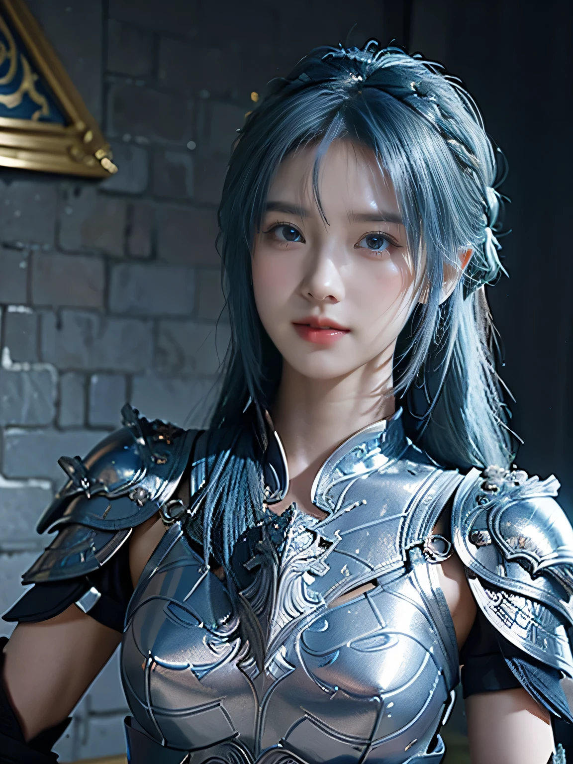 masterpiece,Best quality,A high resolution,8K,Original photo,real photo,Ancient city wall battlefield background,((field:1.8)),digital photography,(Female generals on the battlefield in the Han Dynasty),18-year-old girl,(long ponytail hairstyle),cparted lips,Full and erect breasts,Noble and charming,Elegant and serious,(Thick silver fish scale armor),(silver helmet),Blue by Capelet,((Hair tied high,blue hair)),The combination of white metal and red leather,Chest covered with gold armor,metallic luster,Leather buckle,Exquisite pattern,mysterious badge,Cool and gorgeouig breasts)),Chest groove,Three Kingdoms character painting style,Photo pose,oc render reflection texture,gloomy weather,charming smile,Head-up shot,