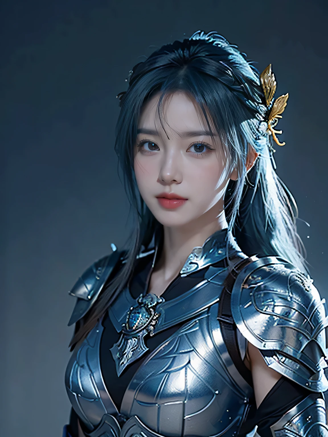 masterpiece，Best quality，A high resolution，8K，Original photo，real photo，Ancient city wall battlefield background,((field：1.8))，digital photography，(Female generals on the battlefield in the Han Dynasty)，18-year-old girl，（long ponytail hairstyle)，cparted lips，Full and erect breasts，Noble and charming，Elegant and serious，(Thick silver fish scale armor），（silver helmet），Blue by Capelet，((Hair tied high，blue hair))，The combination of white metal and red leather，Chest covered with gold armor，metallic luster，Leather buckle，Exquisite pattern，mysterious badge，Cool and gorgeouig breasts))，Chest groove，Three Kingdoms character painting style，Photo pose，oc render reflection texture，gloomy weather，charming smile，Head-up shot，