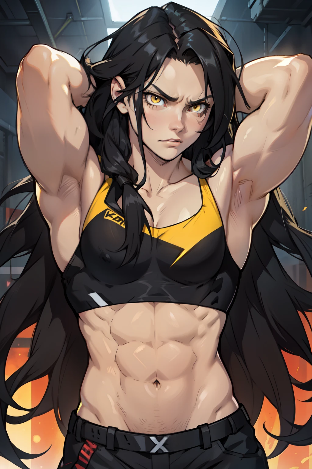 extremely long hair messy hair wavy hair black hair yellow eyes pale skin upset girl muscular girl
