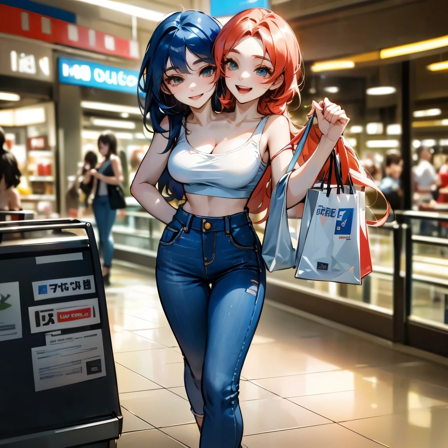 tmasterpiece，very best quality，super detailing，2 beautiful girls，face laughing，Wear ripped sports bras and blue jeans，walking in the shopping malls，beautiful shopping malls background，Detailed skins，8K，full body shot of，Grassed , (two heads)