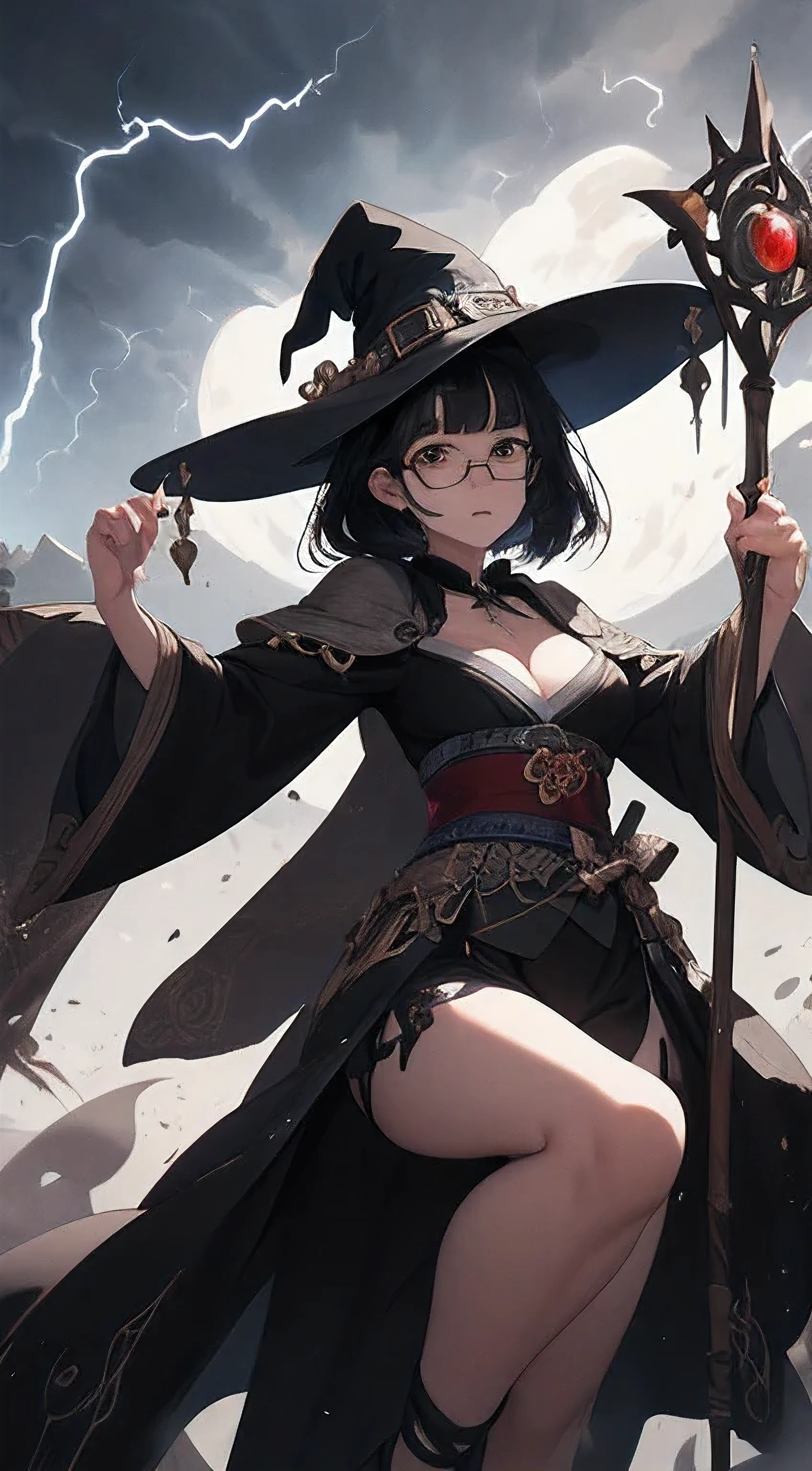 (Fantasy illustration:1.5), (alone:1.2), (japanese manga,8k,masterpiece, top quality, best quality,Beautiful and beautiful:1.2,Professional illustration:1.1,Super detailed:1.3,perfect lighting), Very detailed, most detailed, Extremely ridiculous, high resolution, Super detaileded, complicated:1.6, (girl), Very detailed beautiful face and eyes,Beautiful hair wearing glasses, bob hair, blunt bangs, (black hair:1.4), ( witch costume:1.2), Man floating in the air on a stick，thunder and lightning，Guess the skin, (Abstract:1.2), beautiful, split，medium chest，