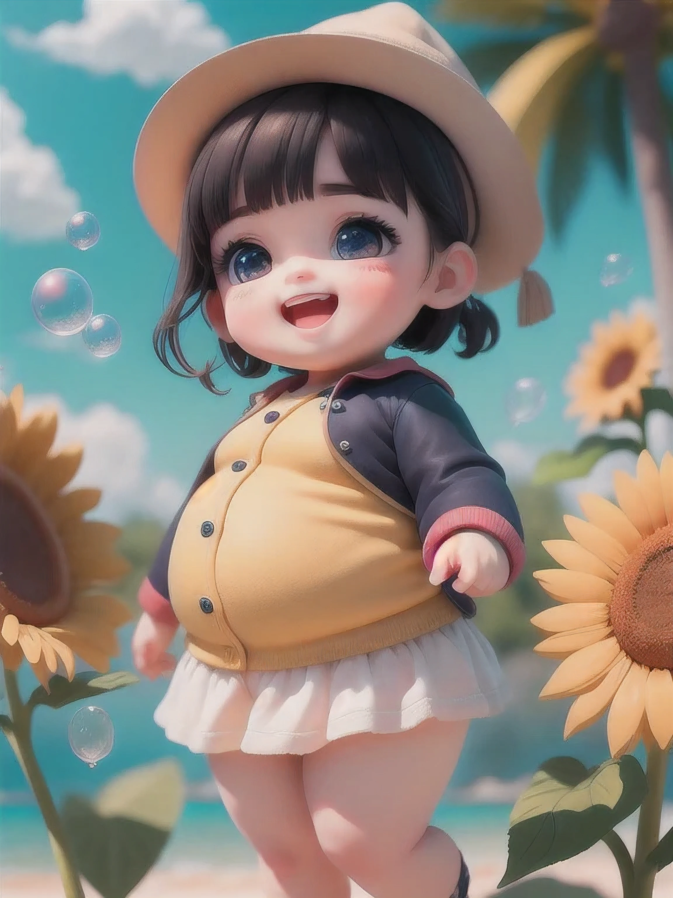 (masterpiece),(best quality),(super detailed), (whole body:1.2),
1 fat girl fat man，charming, Smile, open mouth,
flower, beach, , blowing bubbles，Mage Clothing, blush, tree, :3, shirt, short hair, sunflower, have, vague, black hair, long sleeves, Bangs,ponytail，
(Beautiful and delicate face), (beautiful and delicate eyes),
 