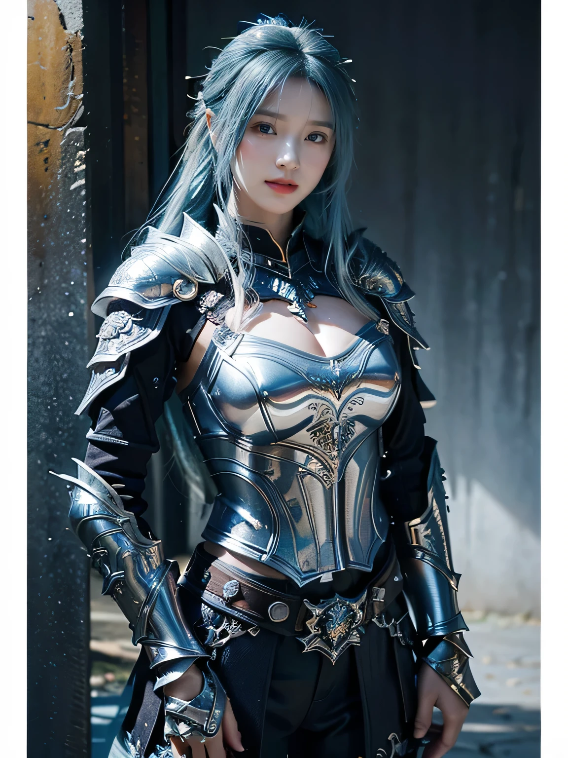masterpiece，Best quality，A high resolution，8K，Original photo，real photo，Ancient city wall battlefield background,((field：1.8))，digital photography，(Female generals on the battlefield in the Han Dynasty)，18-year-old girl，（long ponytail hairstyle)，cparted lips，Full and erect breasts，Noble and charming，Elegant and serious，(Thick silver fish scale armor），（silver met），Blue by Capelet，((Hair tied high，blue hair))，The combination of white metal and red leather，Chest covered with gold armor，metallic luster，Leather buckle，Exquisite pattern，mysterious badge，Cool and gorgeouig breasts))，Chest groove，Three Kingdoms character painting style，Photo pose，oc render reflection texture，gloomy weather，charming smile，Head-up shot，
