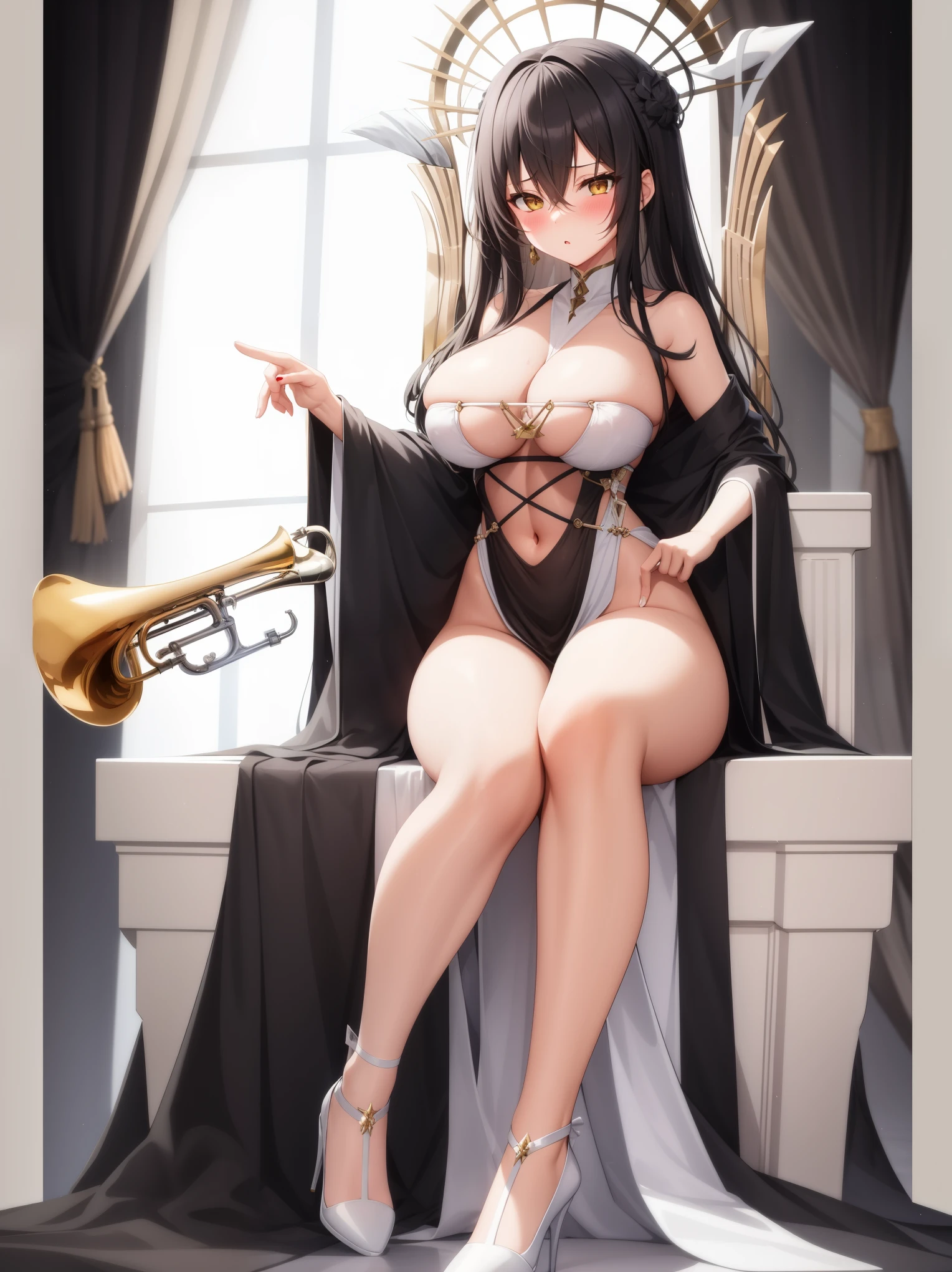 actual, 1 girl, black hair, yellow eyes, Long slit thigh formal white dress, white high heels, trumpet, blush, background grand throne room