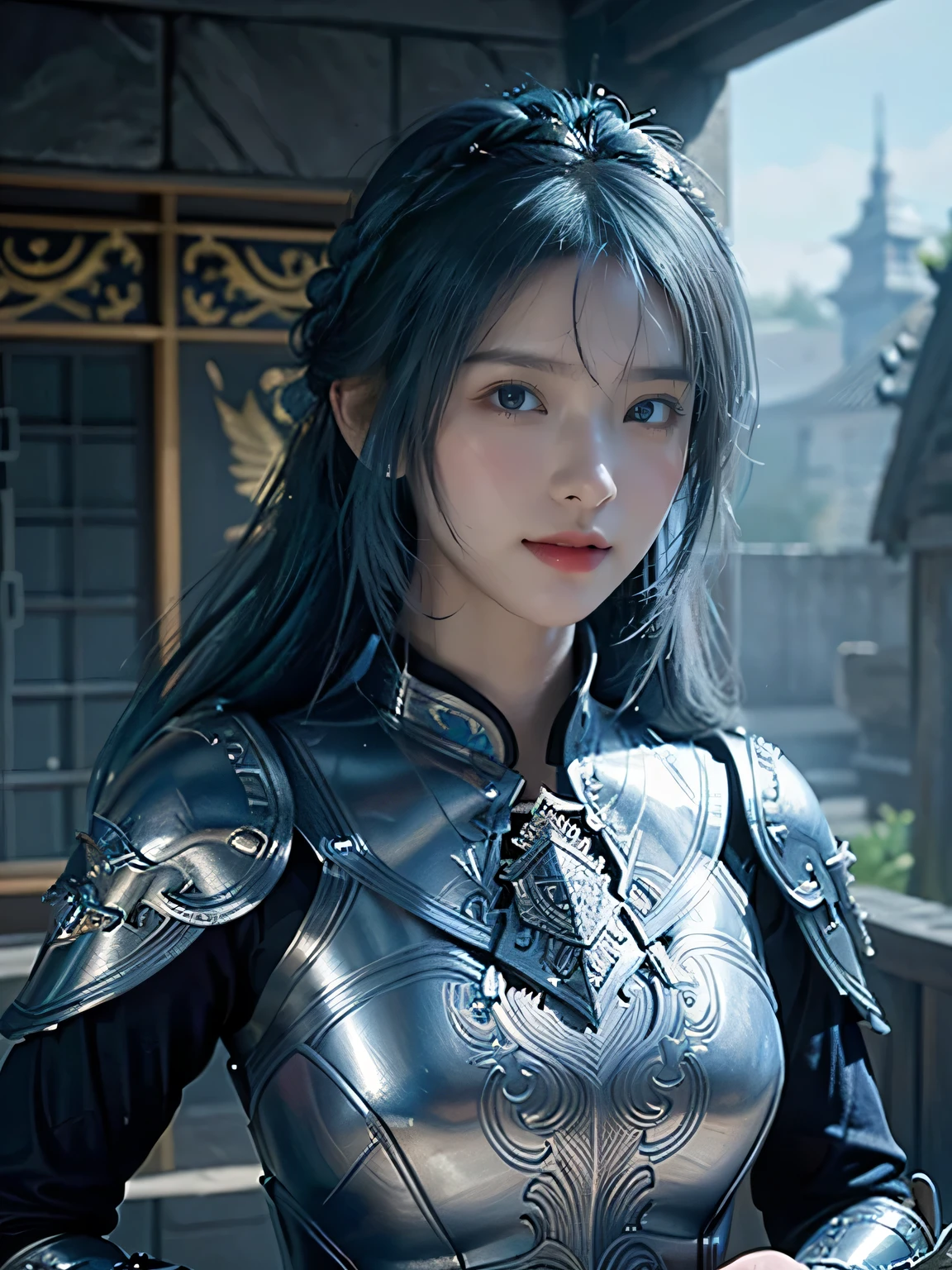 masterpiece,Best quality,A high resolution,8K,Original photo,real photo,Ancient city wall battlefield background,((field:1.8)),digital photography,(Female generals on the battlefield in the Han Dynasty),18-year-old girl,(long ponytail hairstyle),cparted lips,Full and erect breasts,Noble and charming,Elegant and serious,(Thick silver fish scale armor),(silver helmet),Blue by Capelet,((Hair tied high,blue hair)),The combination of white metal and red leather,Chest covered with gold armor,metallic luster,Leather buckle,Exquisite pattern,mysterious badge,Cool and gorgeouig breasts)),Chest groove,Three Kingdoms character painting style,Photo pose,oc render reflection texture,gloomy weather,charming smile,Head-up shot,