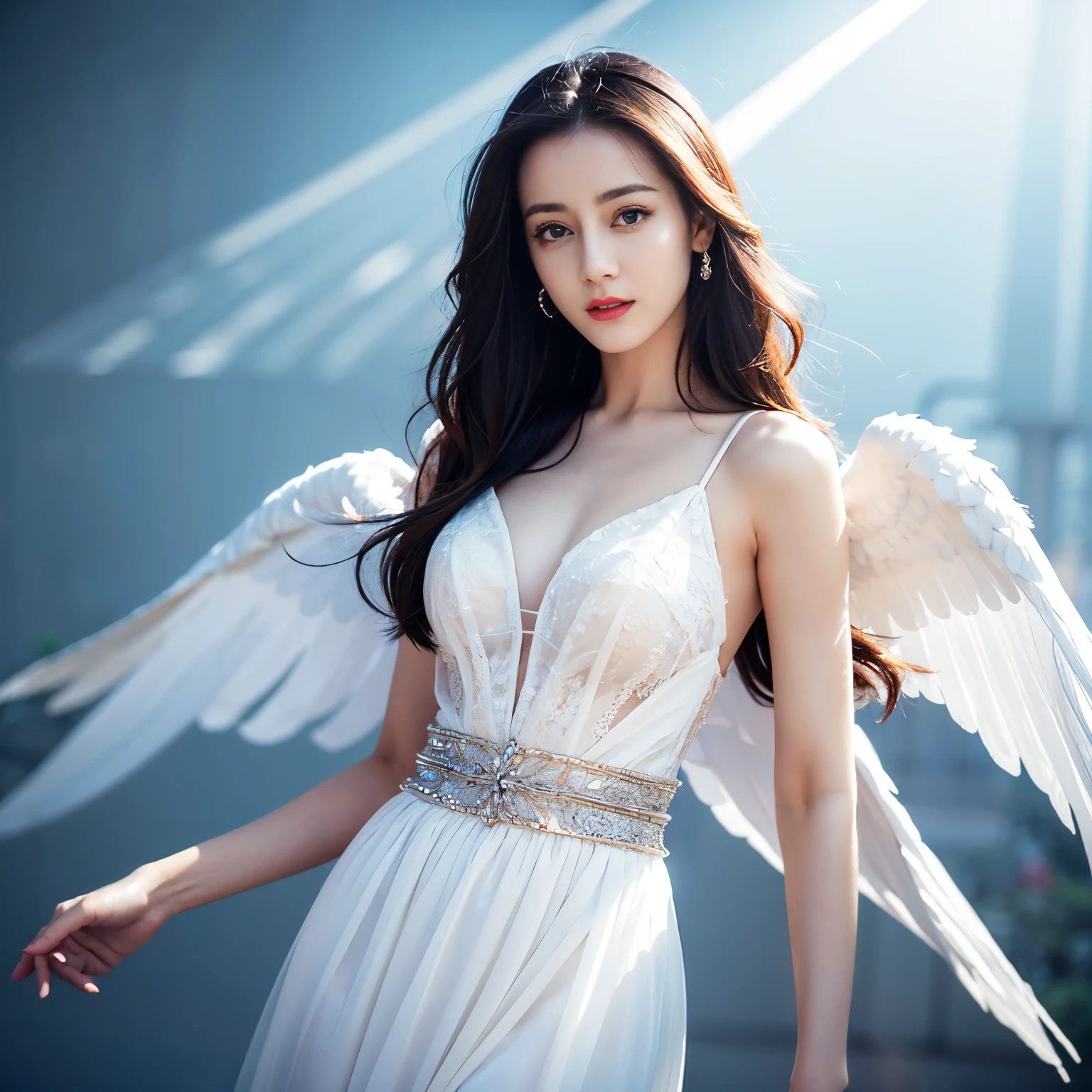 ((top quality、8k、​Masterpiece:1.3))、Extremely delicate and beautiful girl，Very white skin，fiery red lips，Waist is very thin，Thighs are very thin，White wedding dress，White and smooth skin，Smooth and fair skin，flawless skin，Fair and shiny skin，cold white skin，The camera focuses on the chest，bright light，hair is white，A pair of huge white wings on the back，angel wings，hazy light rays，hazy light rays，blurred white background，Long white dress，White hair，white hair，sad，shed tears