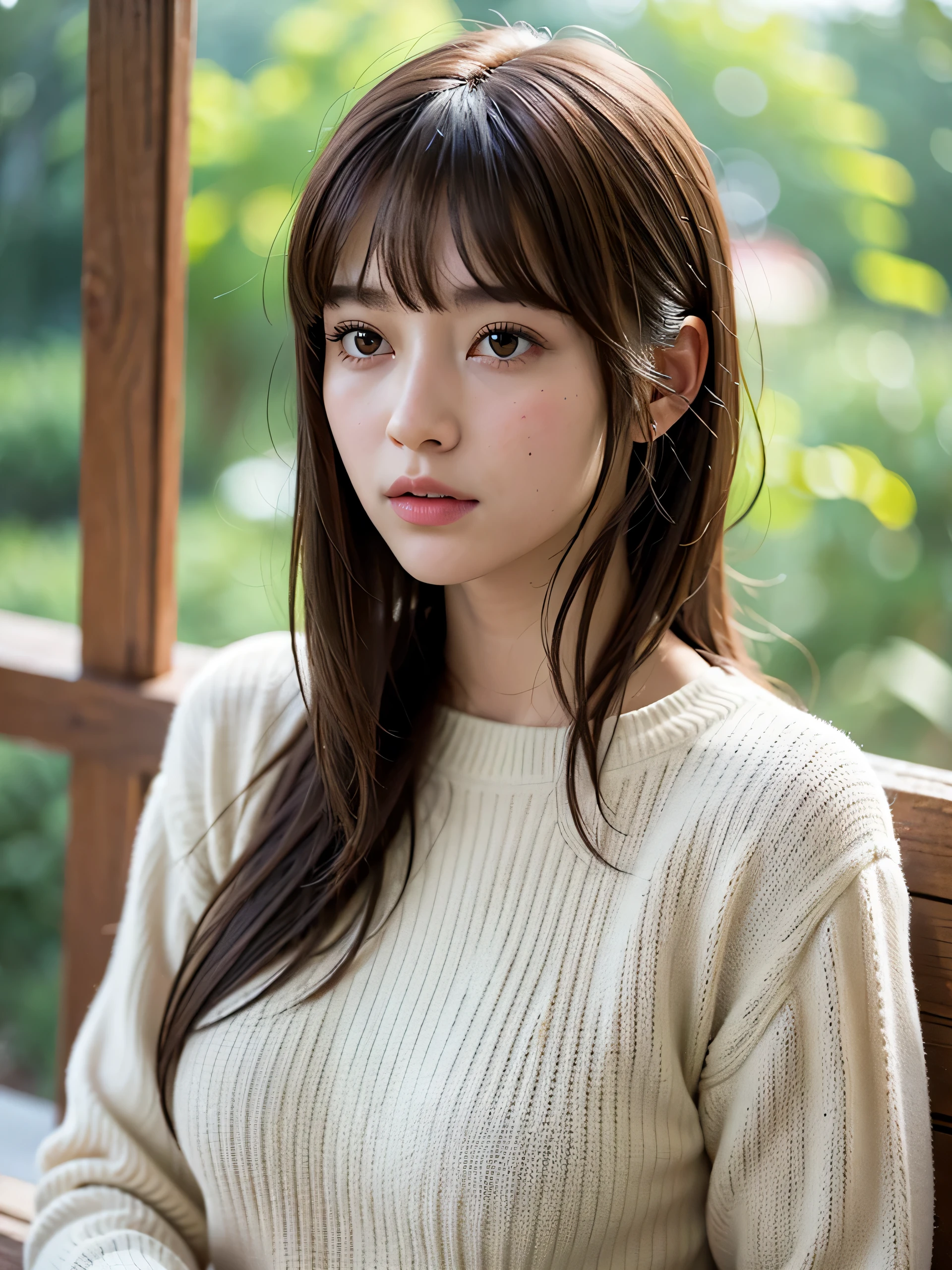 masterpiece, highest quality, RAW photo, 8k, 1 girl, close, focus on the face, Fine and beautiful skin, Backlight, soft light, shy, embarrassing, luminescent, look away, anatomically correct, medium hair, (bangs:1.4), hair up, Eye and face details, rough skin, professional photography, Bokeh, portrait, professional lighting, alone, Petrified, cute, Girly, film grain, sweater,
