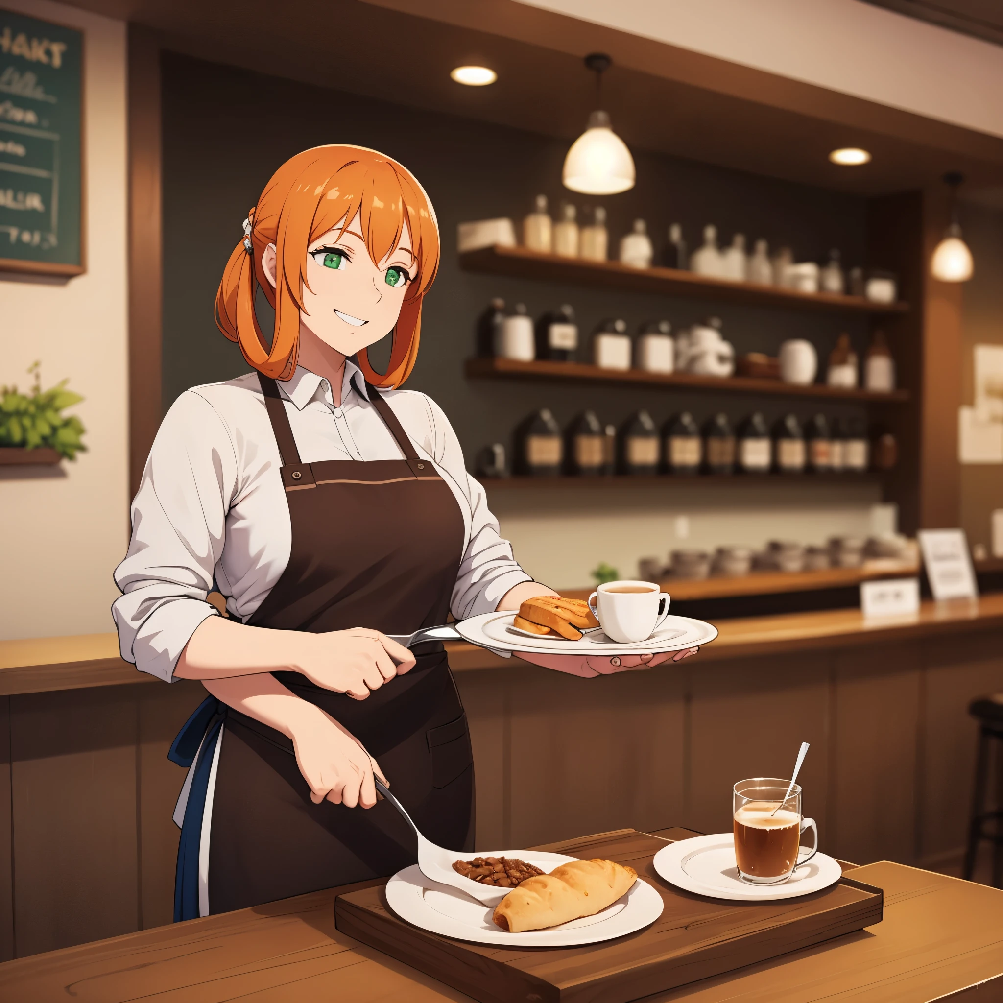 a woman wearing an apron, orange hair, green eyes smiling in a coffee shop serving a tray with breakfast
