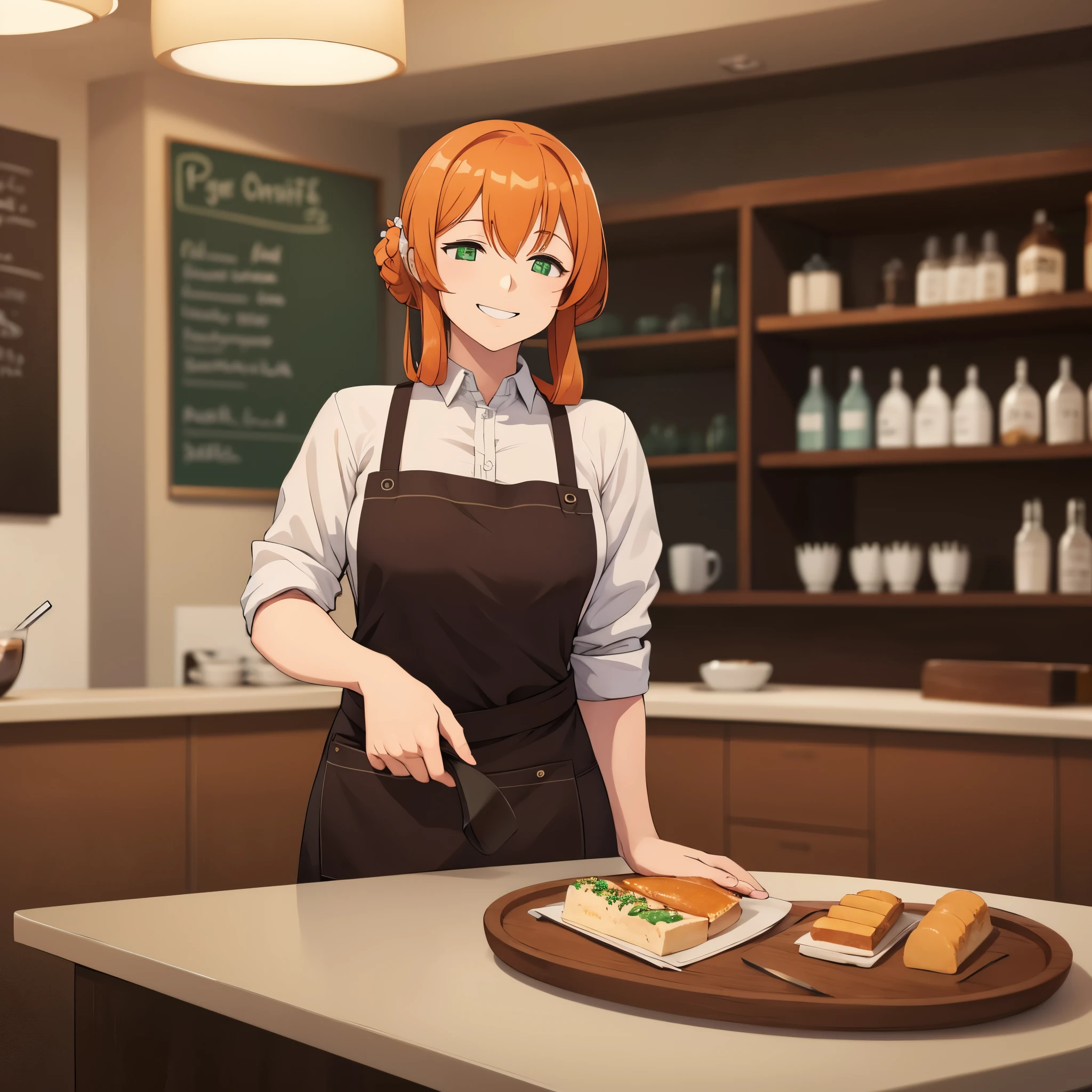 a woman wearing an apron, orange hair, green eyes smiling in a coffee shop serving a tray with breakfast