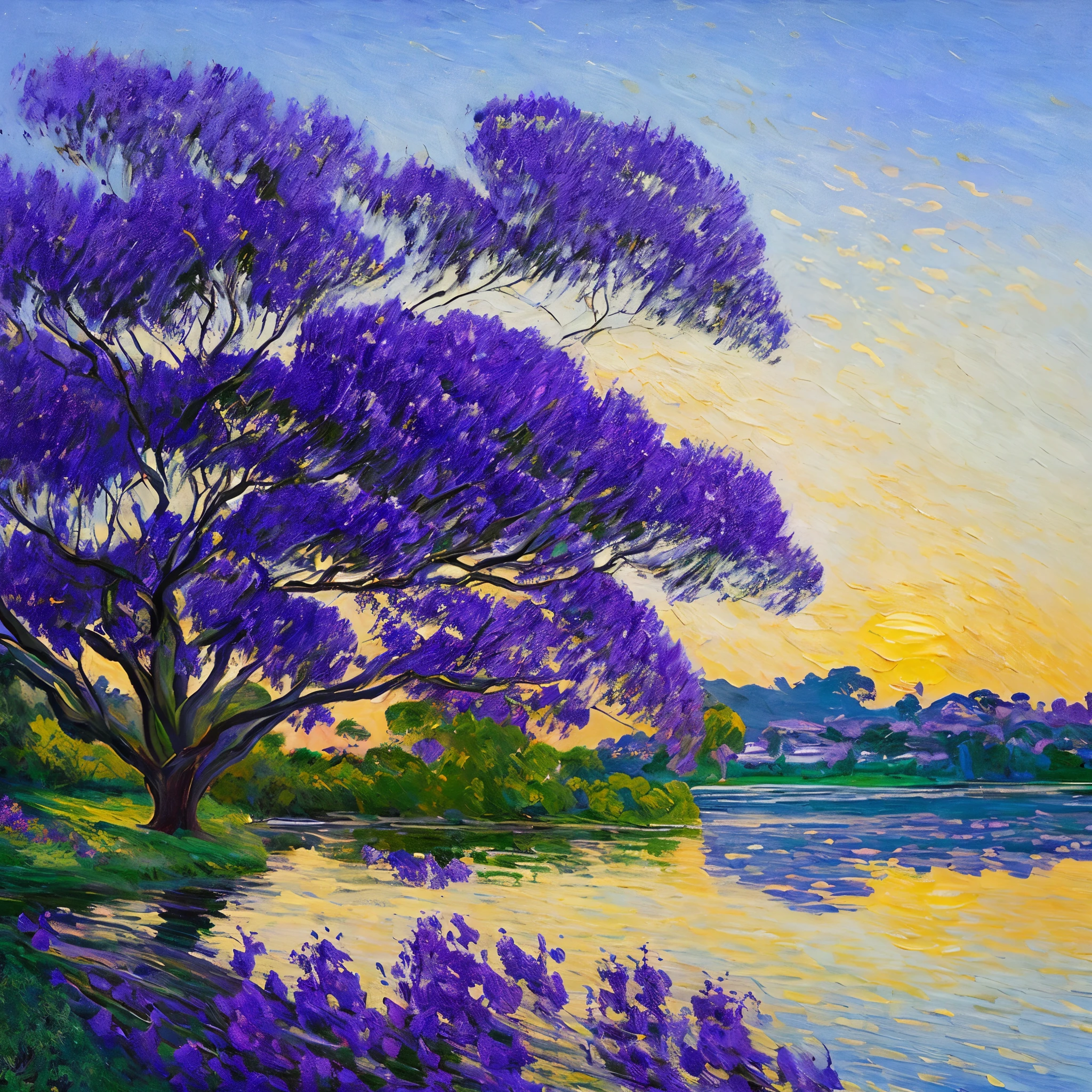 Claude Monet's Water Lillies of tranquil blues, greens and purples are reimagined as a Monet Oil Painting of a jacaranda tree filling the foregrounf wth vibrant purple fluttering in the cold morning breeze. In the background the Brisbane River reflects the early morning winter sun, ilimunated by the strokes of Monet. In the distance on the far river bank, buildings are being revealed by the sun as they emerge from slumber. The Jacaranda trees, swaying in the cold winter wind still reaching upward seem to stretch even taller, as if trying to meet the soft early morning daylight. This isn't just a sunrise, it's Claude Monet sunride, a swirling masterpiece of warmth, tranwuility and passion capturing a fleeting moment in time, forever captured on canvas.