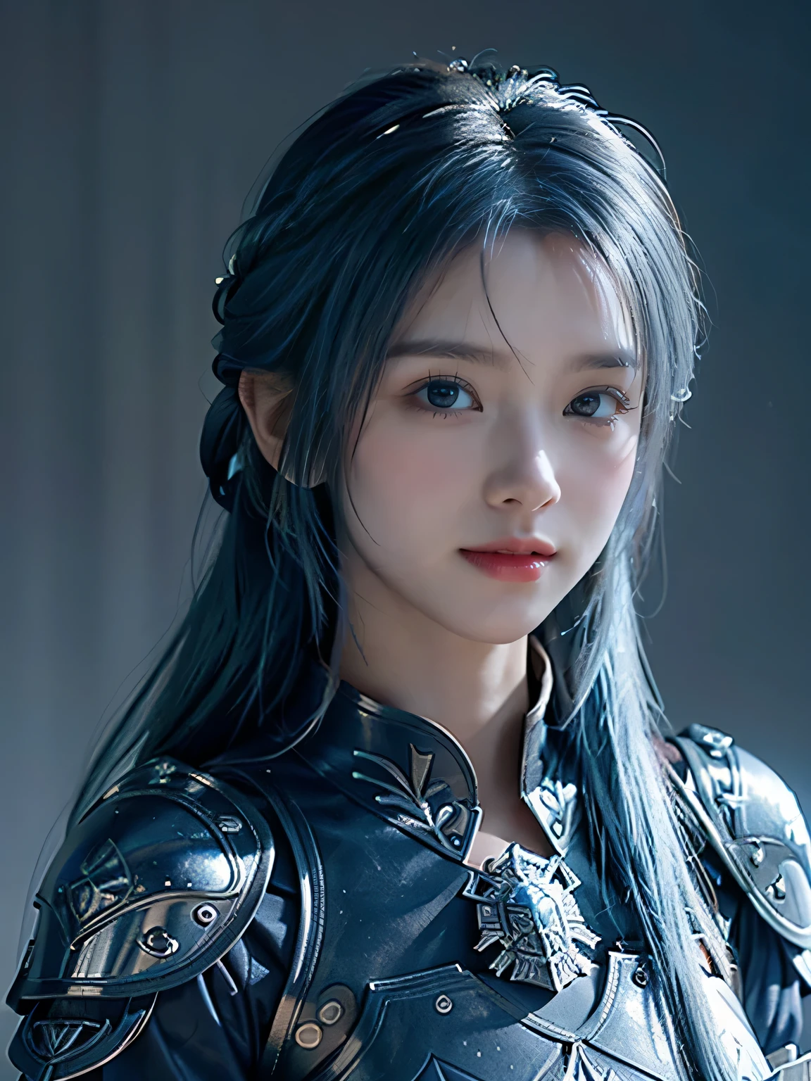 masterpiece,Best quality,A high resolution,8K,Original photo,real photo,Ancient city wall battlefield background,((field:1.8)),digital photography,(Female generals on the battlefield in the Han Dynasty),18-year-old girl,(long ponytail hairstyle),cparted lips,Full and erect breasts,Noble and charming,Elegant and serious,(Thick silver fish scale armor),(silver helmet),Blue by Capelet,((Hair tied high,blue hair)),The combination of white metal and red leather,Chest covered with gold armor,metallic luster,Leather buckle,Exquisite pattern,mysterious badge,Cool and gorgeouig breasts)),Chest groove,Three Kingdoms character painting style,Photo pose,oc render reflection texture,gloomy weather,charming smile,Head-up shot,