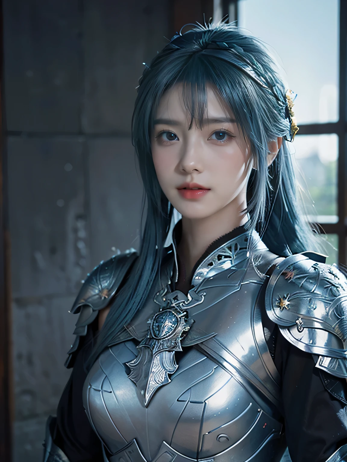 masterpiece,Best quality,A high resolution,8K,Original photo,real photo,Ancient city wall battlefield background,((field:1.8)),digital photography,(Female generals on the battlefield in the Han Dynasty),18-year-old girl,(long ponytail hairstyle),cparted lips,Full and erect breasts,Noble and charming,Elegant and serious,(Thick silver fish scale armor),(silver helmet),Blue by Capelet,((Hair tied high,blue hair)),The combination of white metal and red leather,Chest covered with gold armor,metallic luster,Leather buckle,Exquisite pattern,mysterious badge,Cool and gorgeouig breasts)),Chest groove,Three Kingdoms character painting style,Photo pose,oc render reflection texture,gloomy weather,charming smile,Head-up shot,