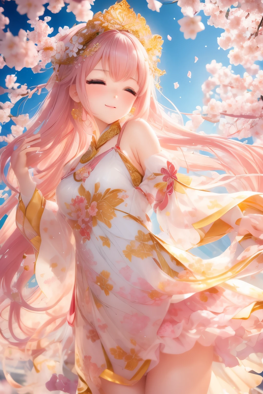 best quality, 32k, RAW photo, an innocent and beautiful sakura maiden in the circular golden plated lattice in the center, an innocent and beautiful girl like a cherry blossom, translucent and fluttery pastel colored hagoromo dress, sensual expression, mysterious, incredibly absurdres, extremely detailed, delicate texture, background iridescent pastel color, blooming profusely, cherry blossoms, cherry blossom petals, dancing petals, scattered gold dust, orange, wind, motion-blur, action-lines, fantasy