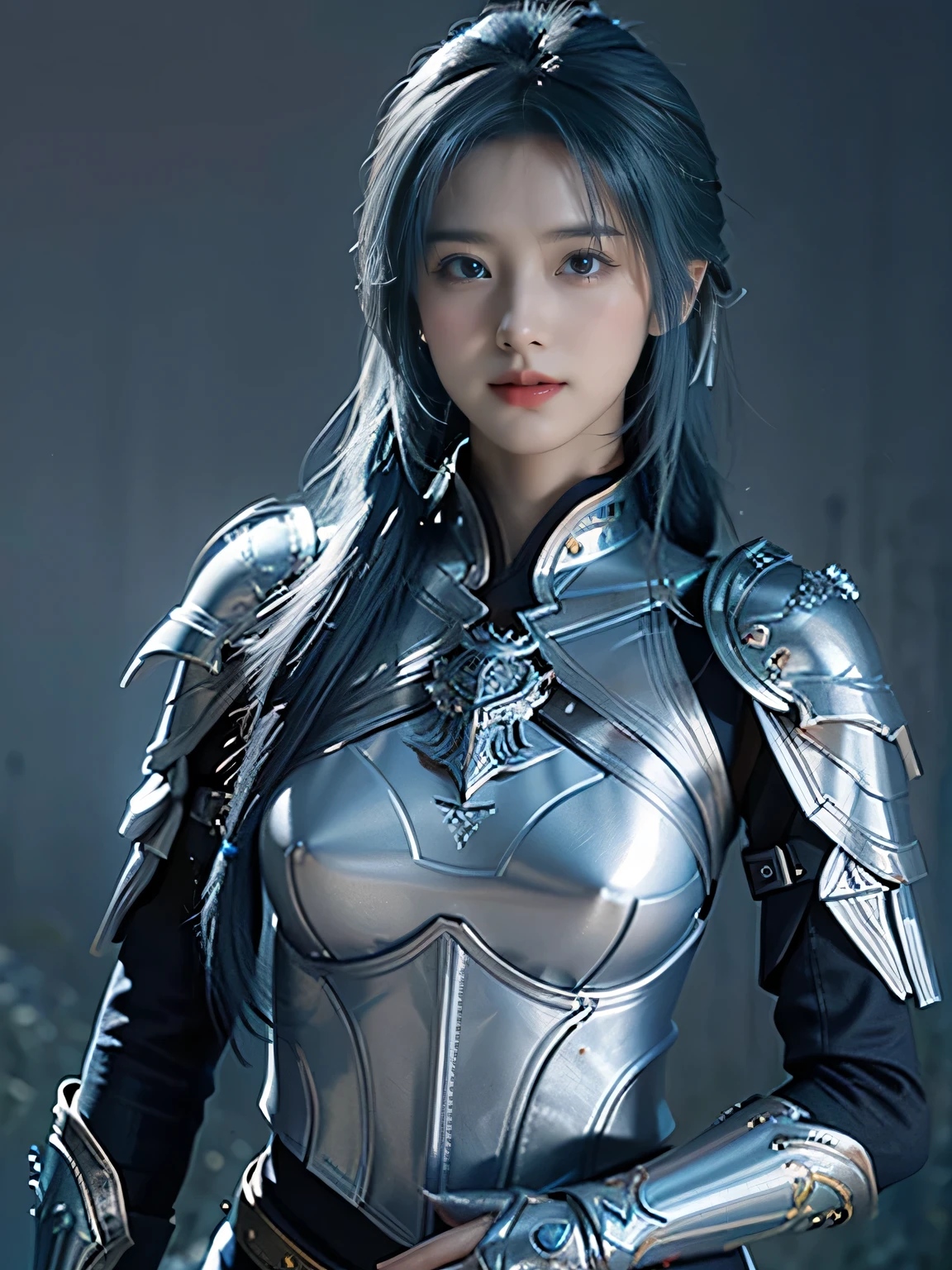 masterpiece，Best quality，A high resolution，8K，Original photo，real photo，Ancient city wall battlefield background,((field：1.8))，digital photography，(Female generals on the battlefield in the Han Dynasty)，18-year-old girl，（long ponytail hairstyle)，cparted lips，Full and erect breasts，Noble and charming，Elegant and serious，(Thick silver fish scale armor），（silver helmet），Blue by Capelet，((Hair tied high，blue hair))，The combination of white metal and red leather，Chest covered with gold armor，metallic luster，Leather buckle，Exquisite pattern，mysterious badge，Cool and gorgeouig breasts))，Chest groove，Three Kingdoms character painting style，Photo pose，oc render reflection texture，gloomy weather，charming smile，Head-up shot，
