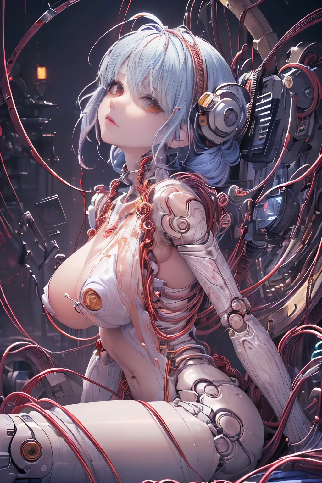 (masterpiece, top quality, best quality, official art, beautiful and aesthetic:1.5), (1girl:1.6), extreme detailed,colorful,highest detailed ((ultra-detailed)), (highly detailed CG illustration), ((an extremely delicate and beautiful)),(from side),cinematic light,((1mechanical girl)),solo,full body,(machine made joints:1.8),((machanical limbs)),(blood vessels connected to tubeechanical vertebra attaching to back),((mechanical cervial attaching to neck)),(sitting),expressionless,(wires and cables attaching to neck:1.5),(wires and cables on head:1.5)(character focus),science fiction,white background,(blood:1.8),big breast