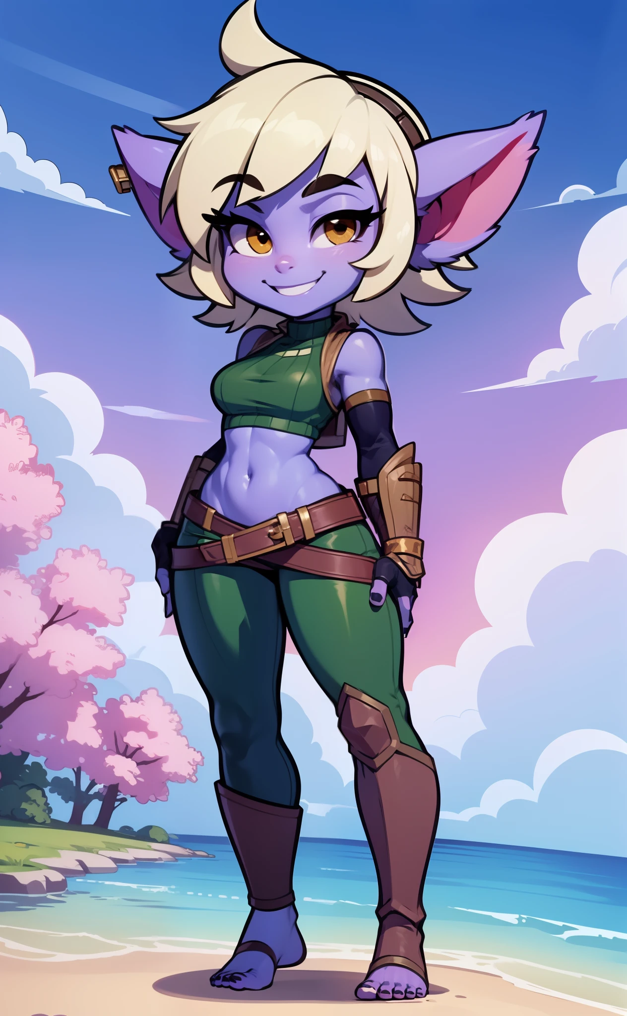 [tristana], [LOL], ((masterpiece)), ((HD)), ((high res)), ((beautiful render art)), ((solo portrait)), ((full body)), ((front view)), ((feet visible)), ((detailed shading)), {(attractive), (short), yordle, (purple skin), (elf ears), (short white hair), (cute brown eyes), (detailed iris), (short eyelashes), (sharp nails), (curvy hips), (detailed abs), (thick thighs), (detailed legs), (beautiful legs), (beautiful feet), (detailed toes), (cute smile), (excited expression)}, {(green sleeveless shirt), (navel), (tight green pants), (brown belt), (utility belt), (brown gauntlets), (fingerless gloves), (toeless socks), (goggles on head)}, {(standing), (looking at viewer)}, [background; (forest), (blue sky), (sun rays), (ambient lighting)]